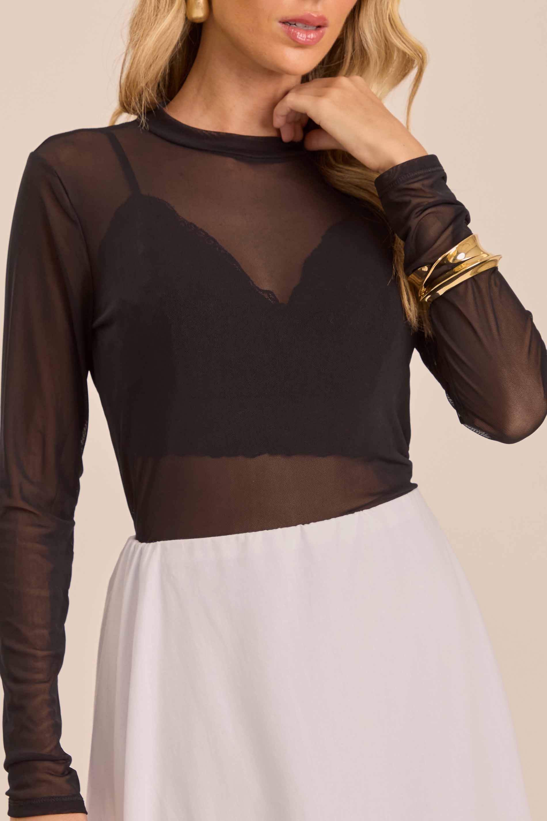 Blusa Ethnic Blur Manga Longa em Tule