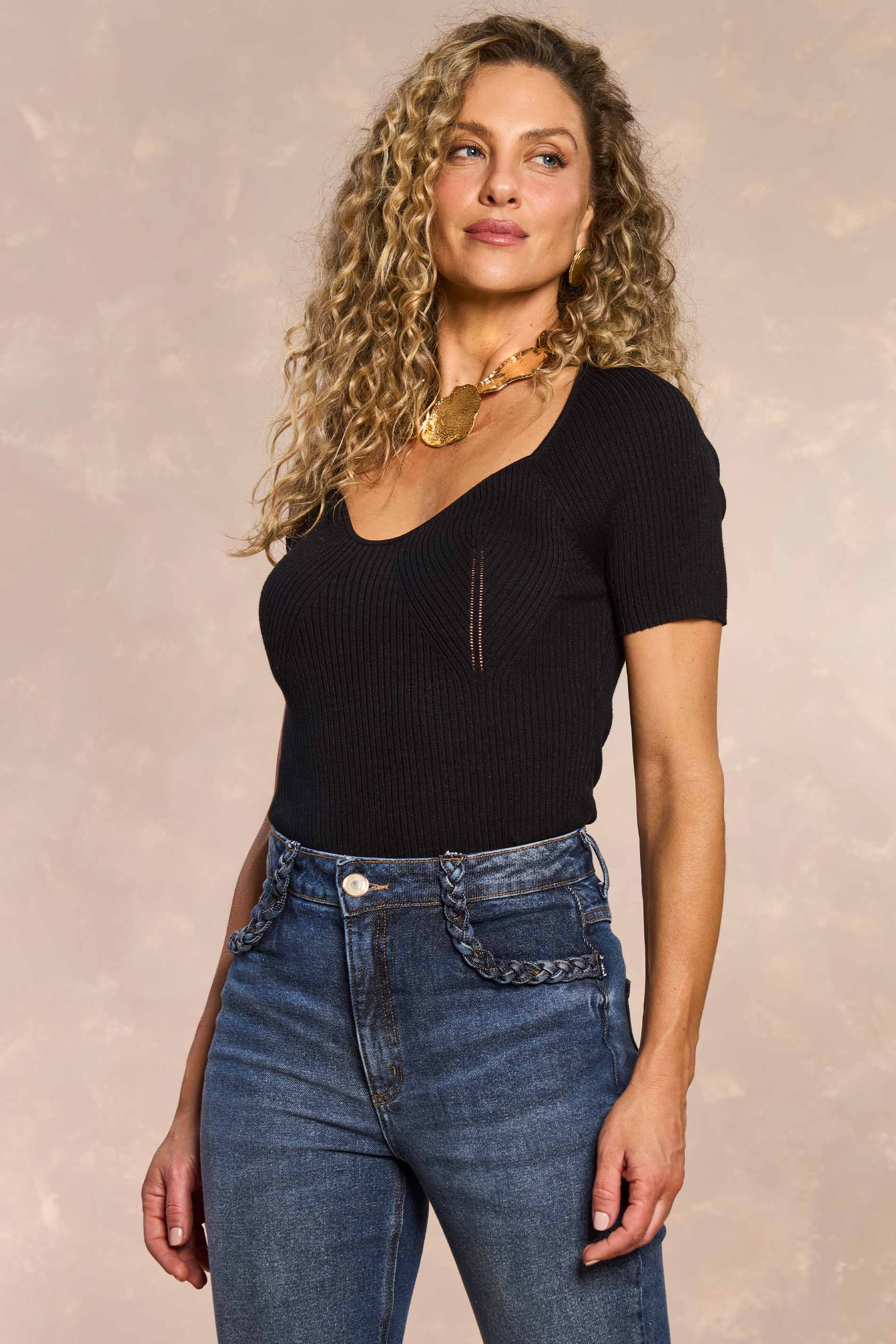 Blusa de Manga Curta Retrô Glam em Tricot