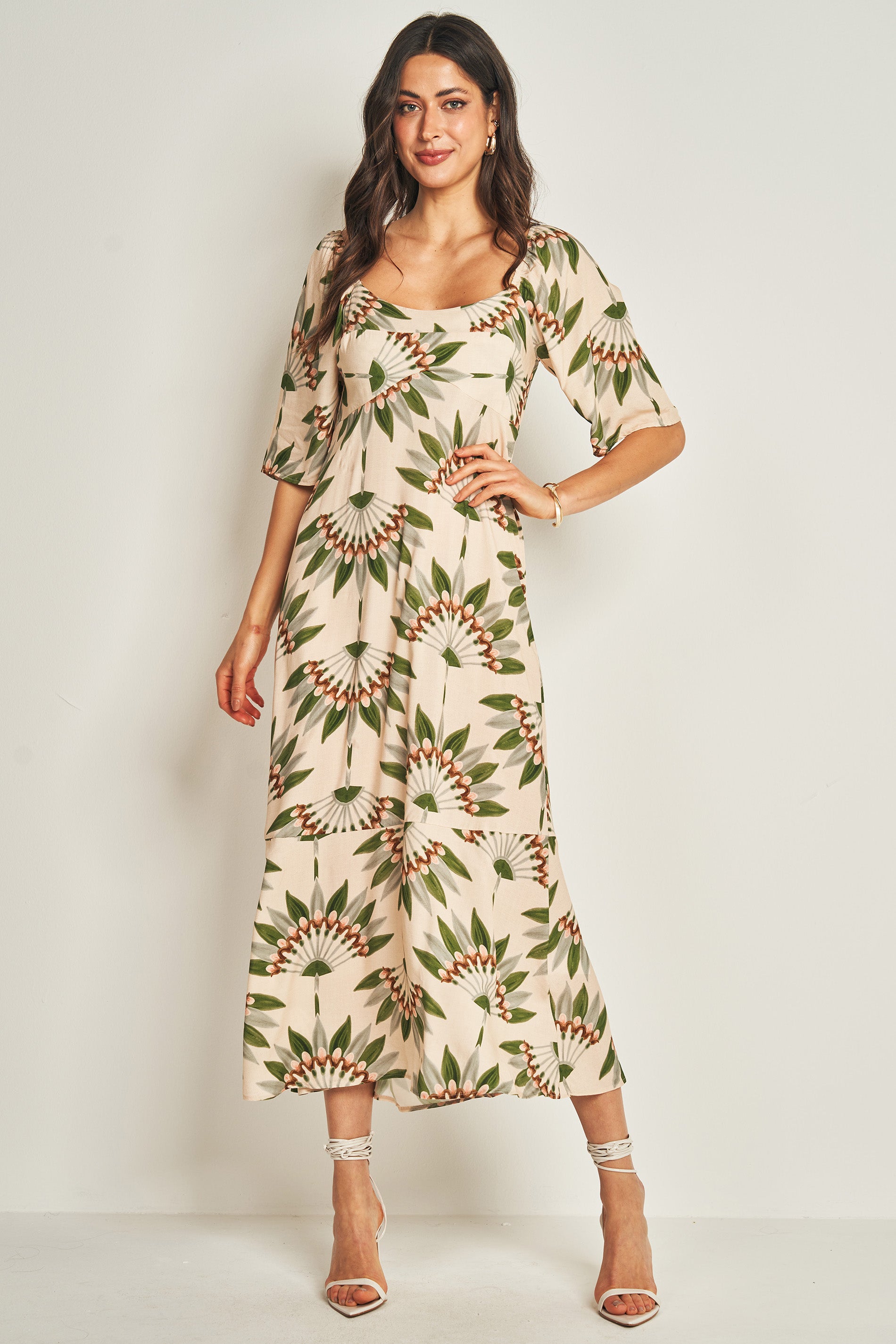 Vestido longo com manga 3/4 floral