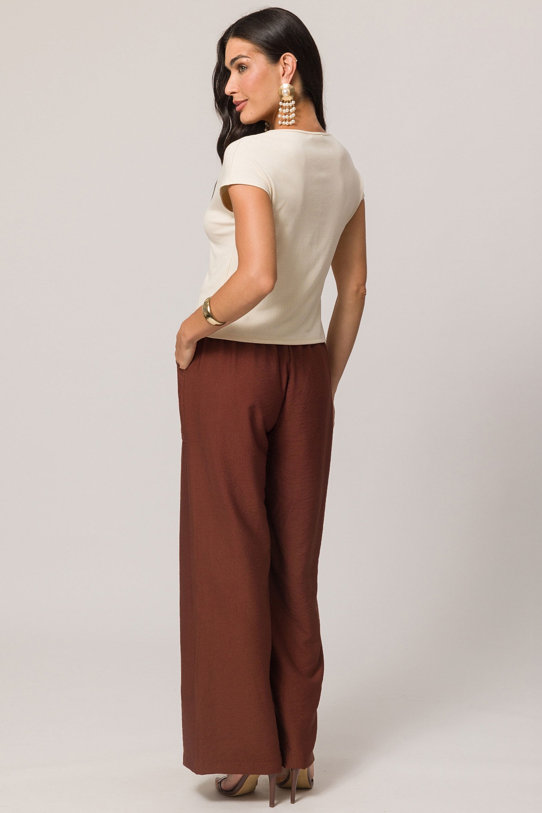 Blusa de Manga Curta em Ribana de Viscose com Decote V