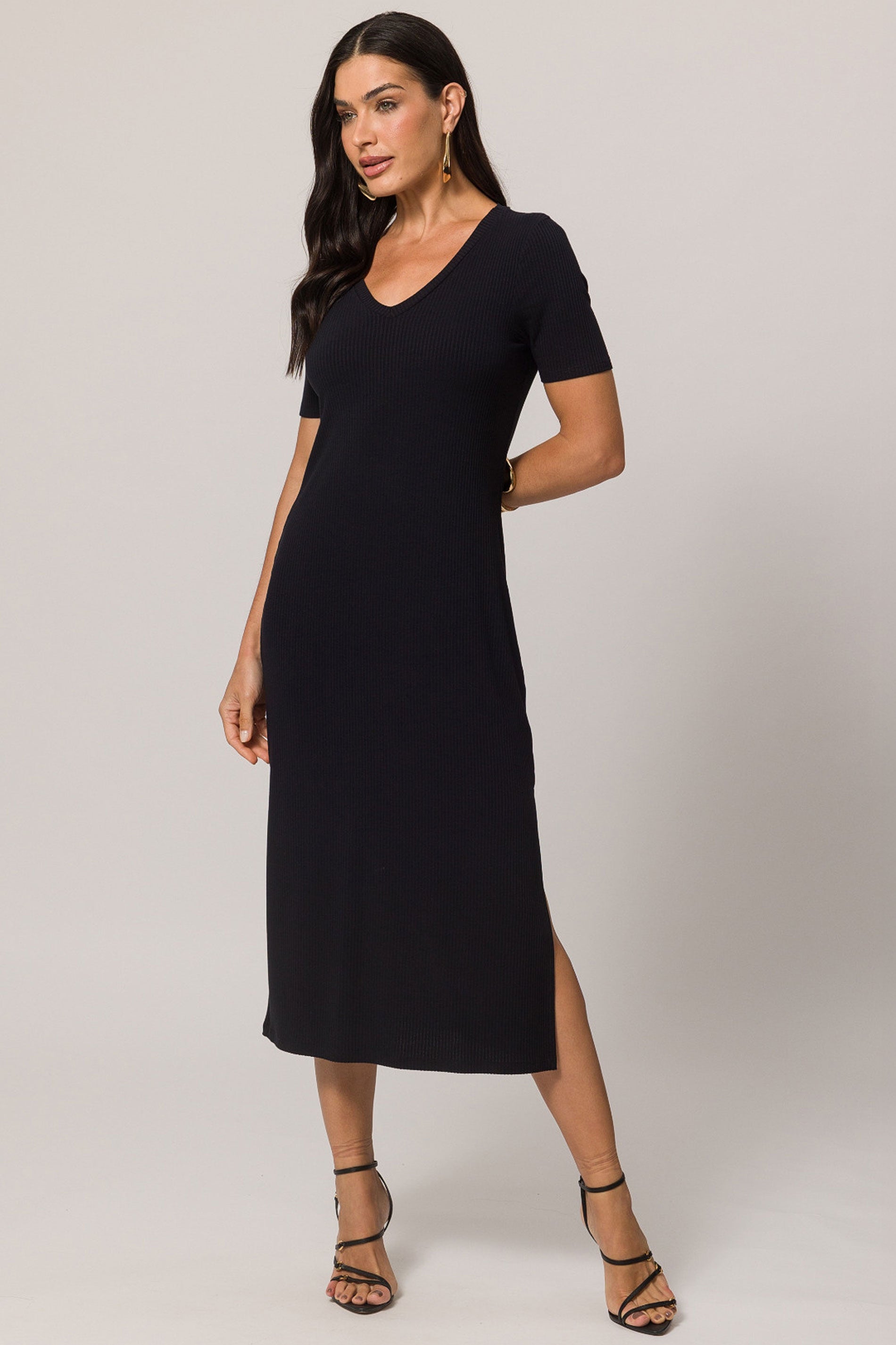 Vestido Midi de Manga Curta em Ribana com Decote V