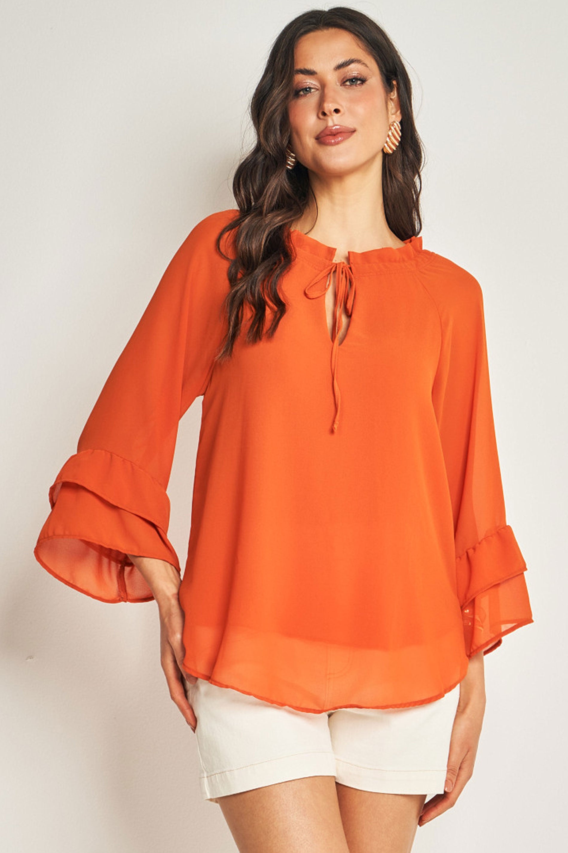 Blusa de Manga 7/8 em Chiffon Soft com Amarração Frontal
