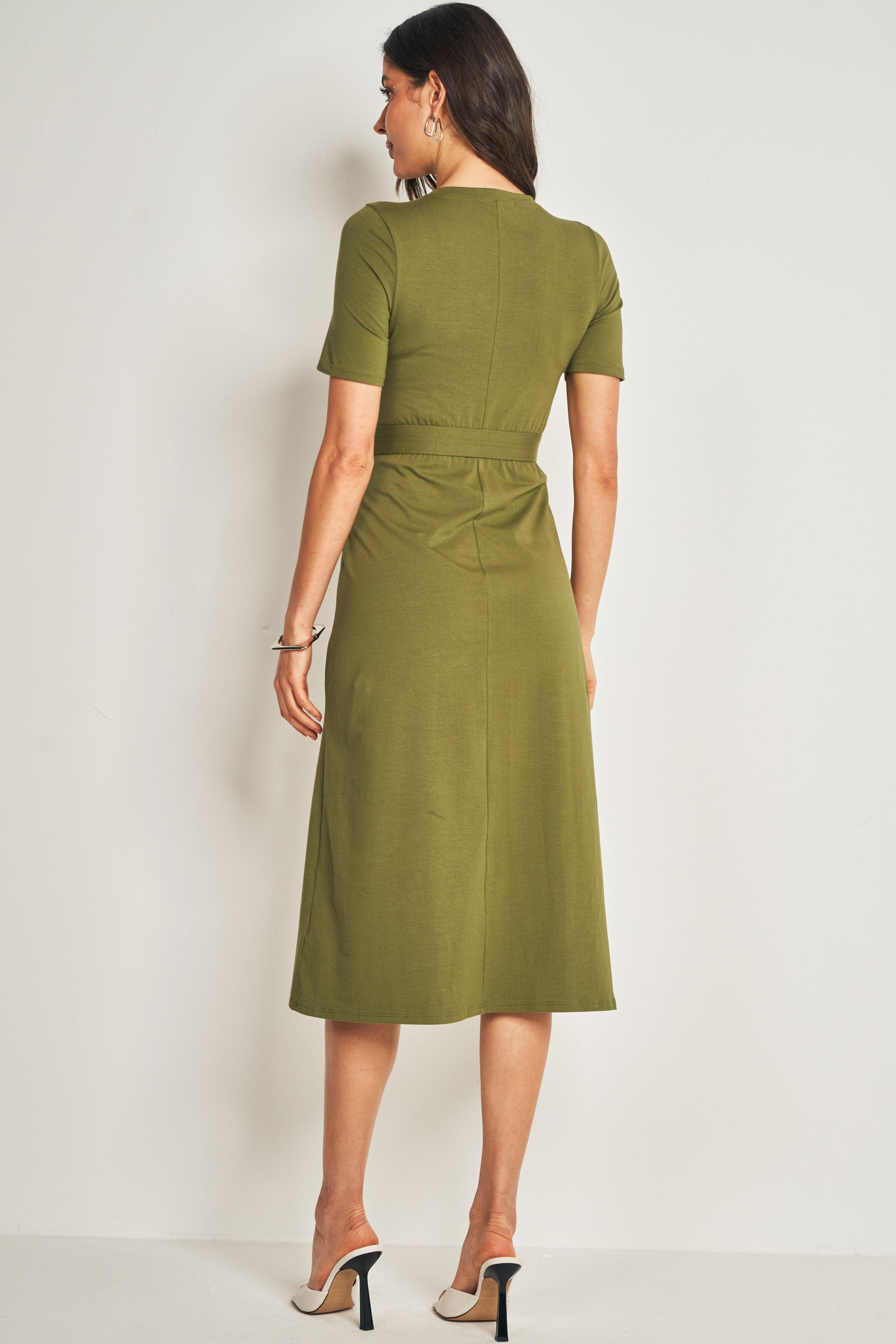 Vestido Midi de Manga Curta em Malha de Algodão com Elastano