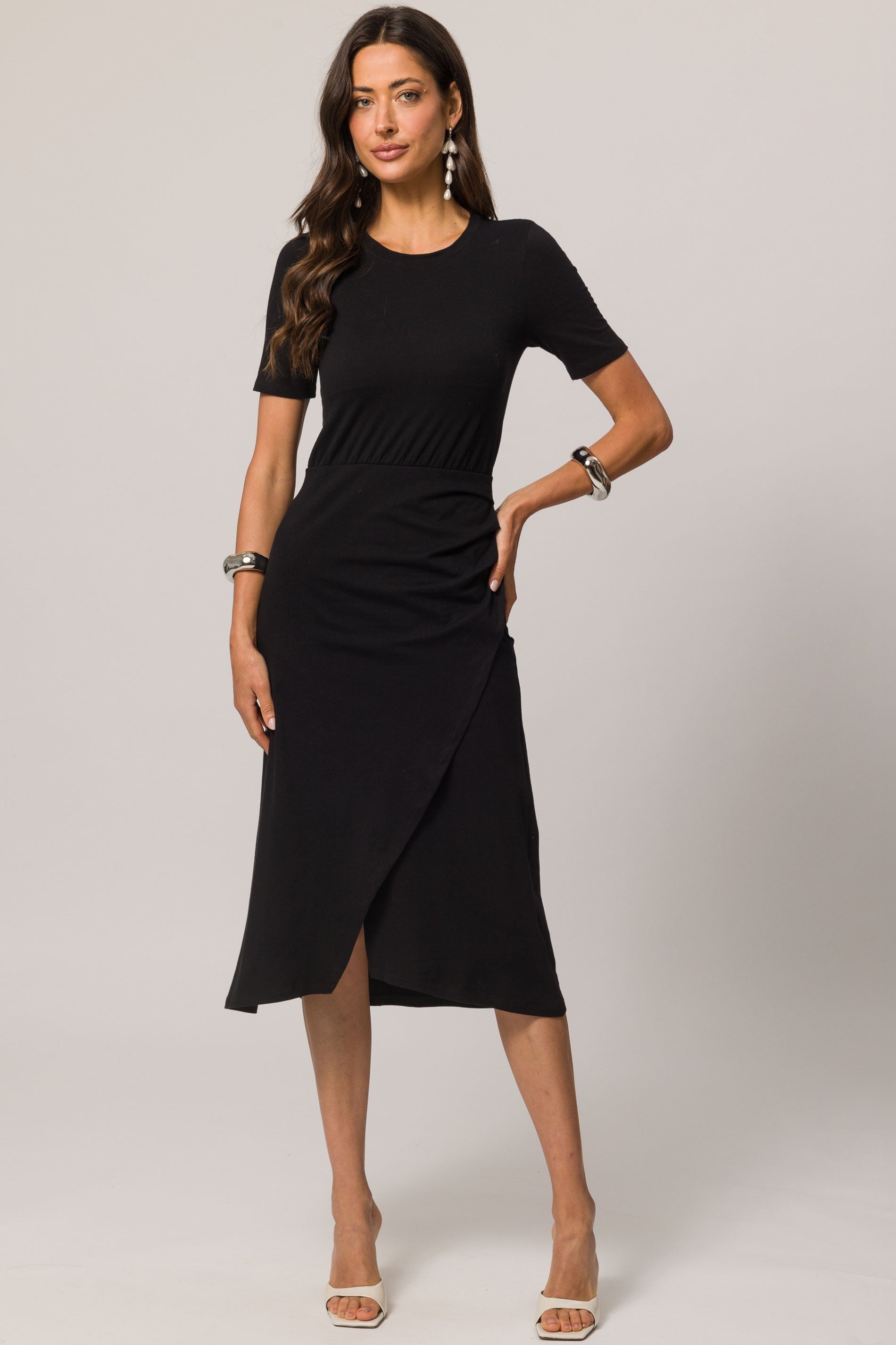 Vestido Midi de Manga Curta em Malha de Algodão com Elastano