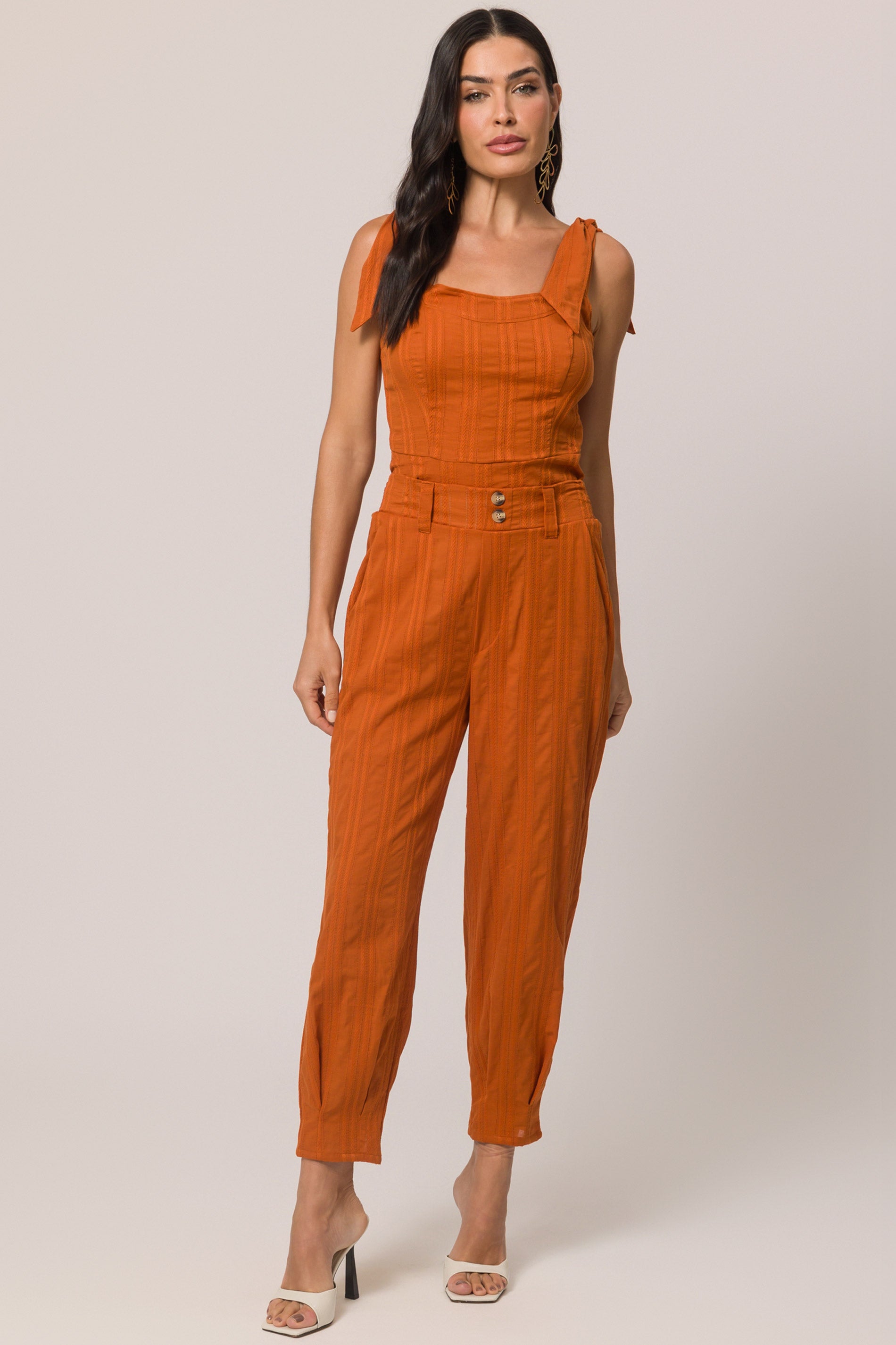 Calça em Cambraia Listrada com Cintura Alta