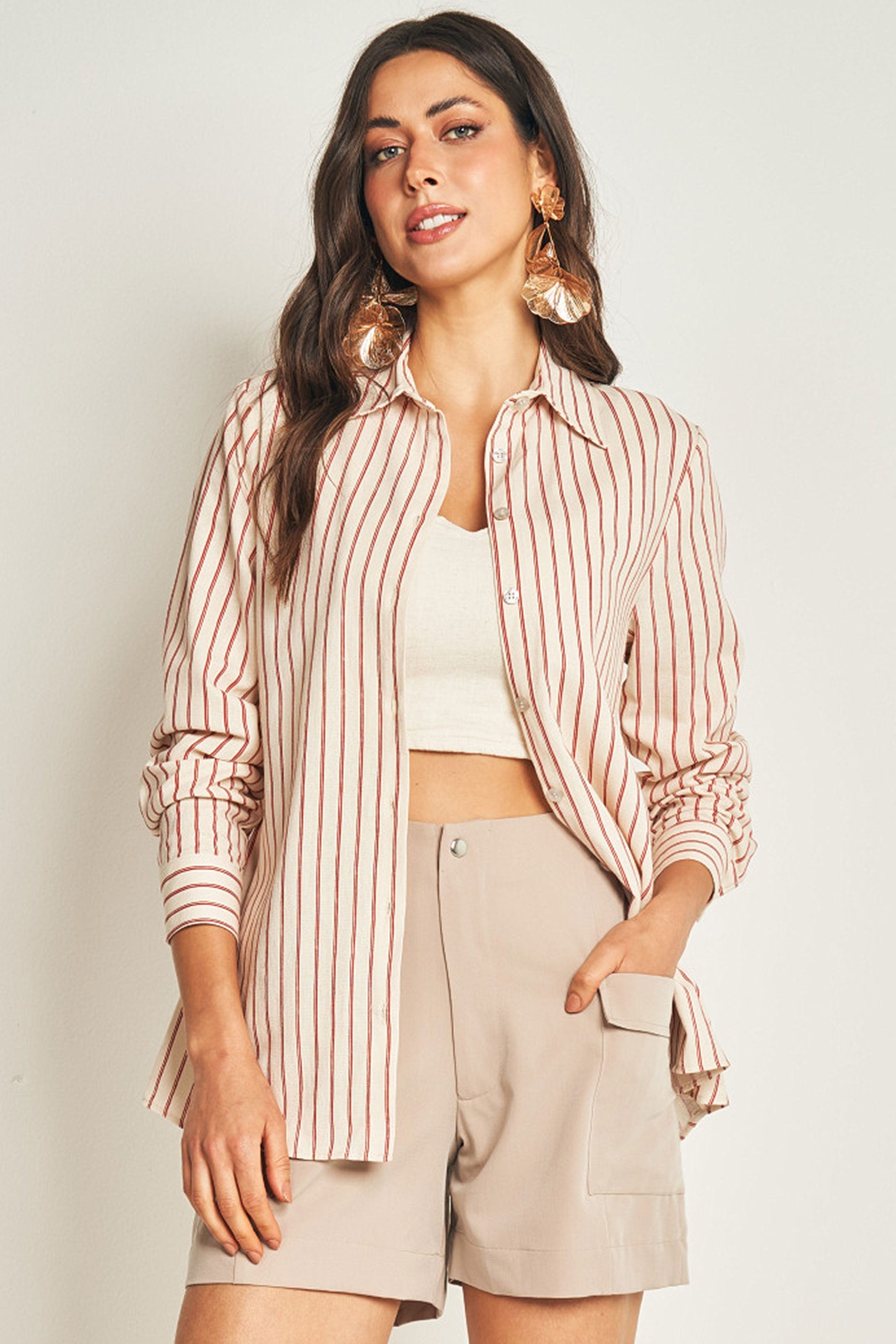 Camisa de Manga Longa em Plano Linen com Listras