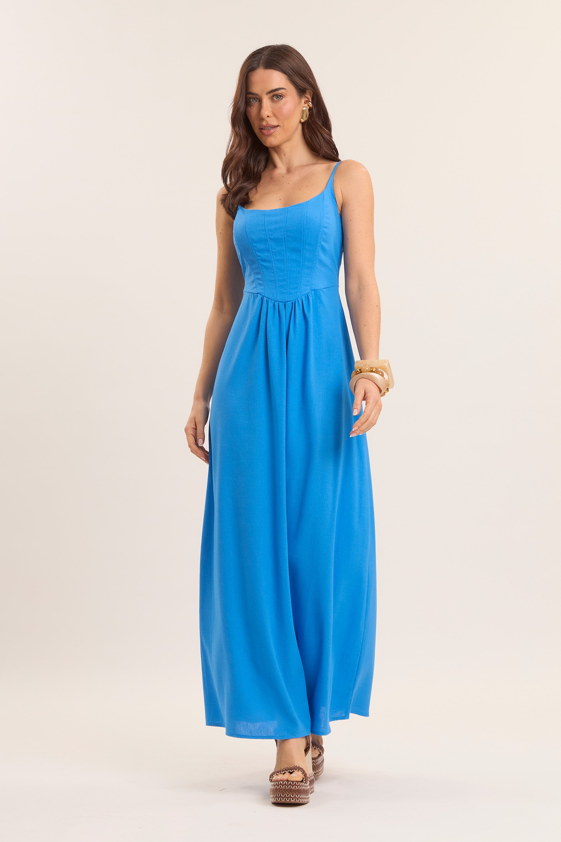 Vestido Longo Brisamar Alça Fina e Recorte no Busto