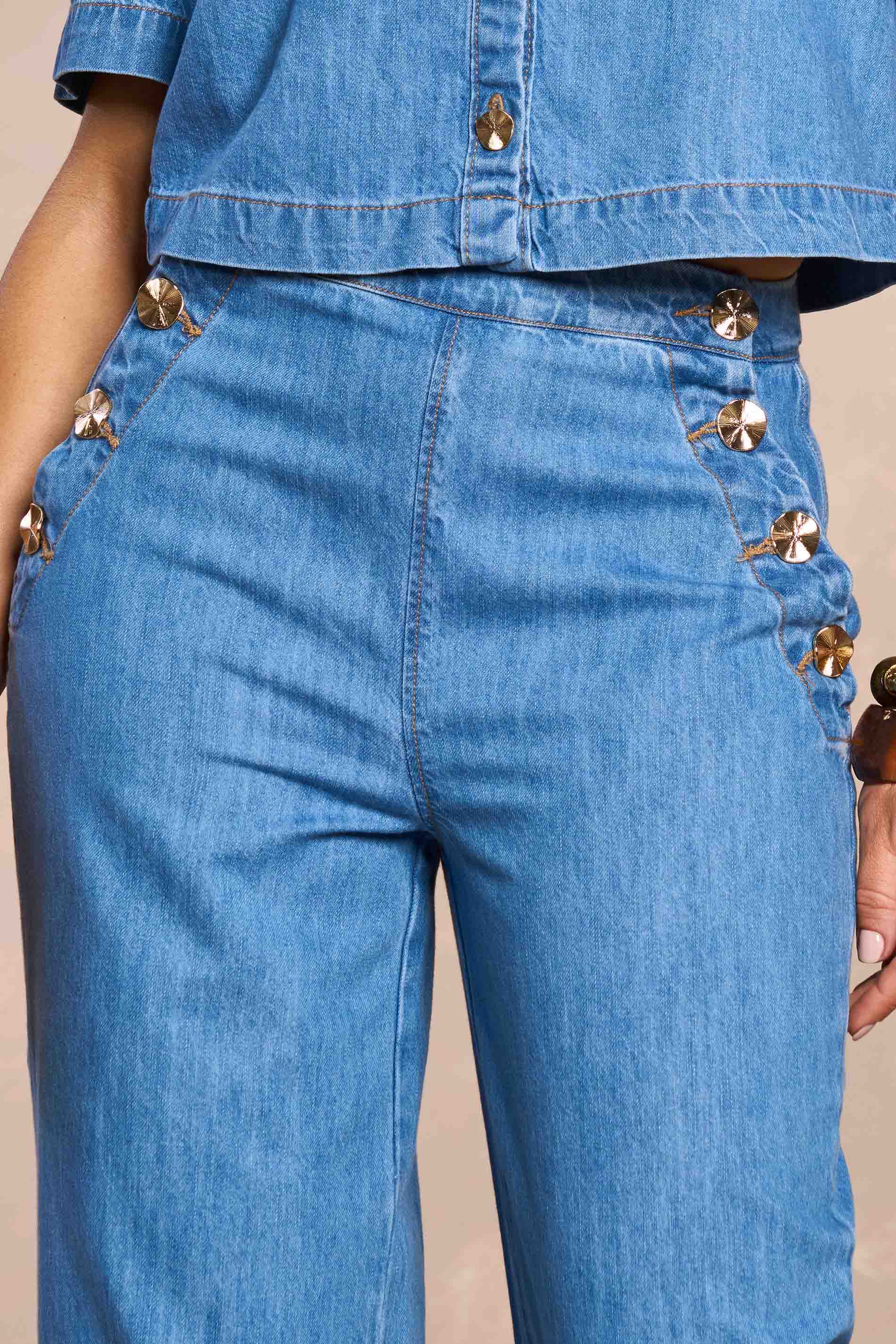 Calça Pantalona Rosa Soft Garden em Denim