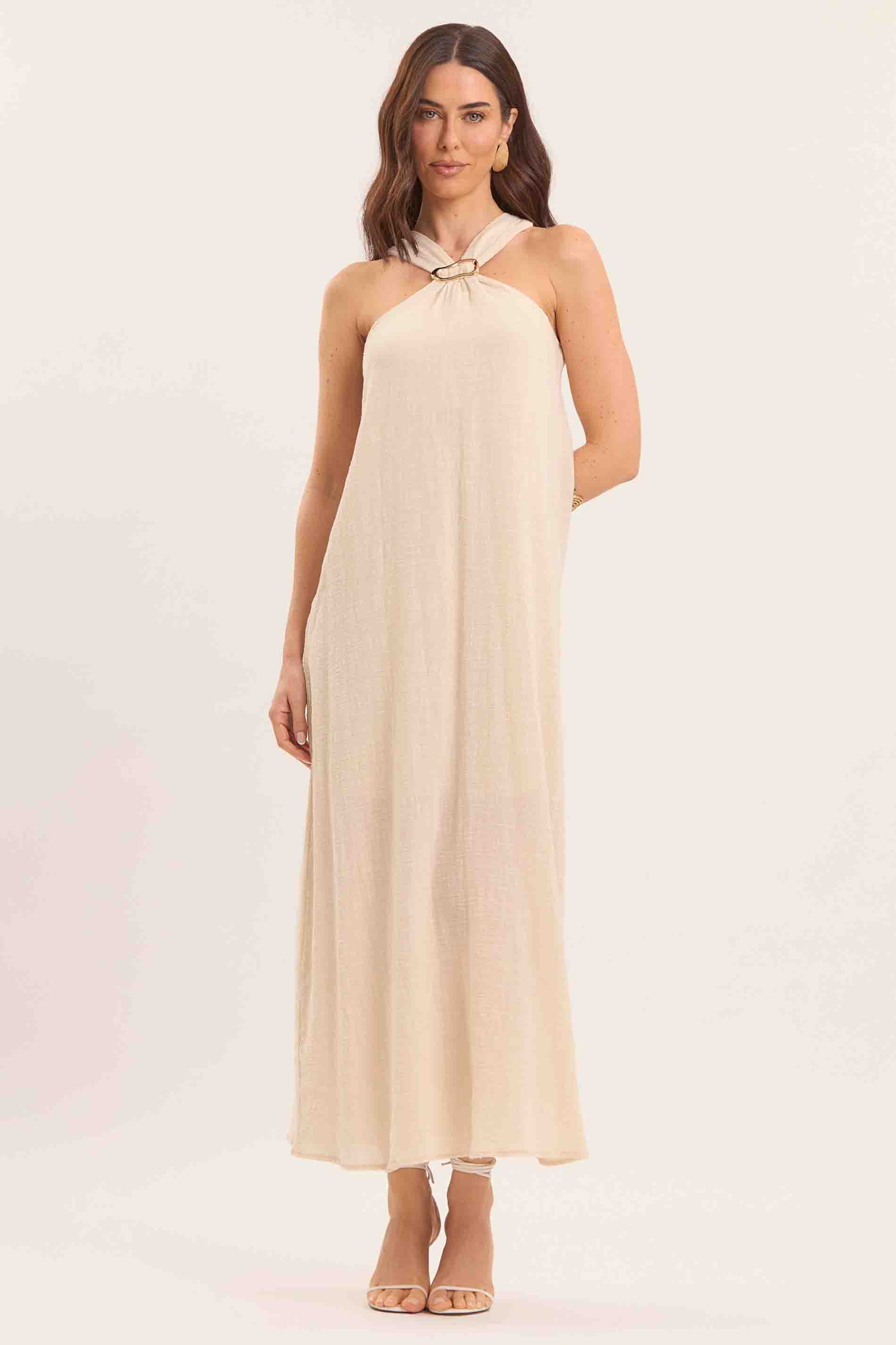 Vestido Longo Oliva com Detalhe Metal Dourado