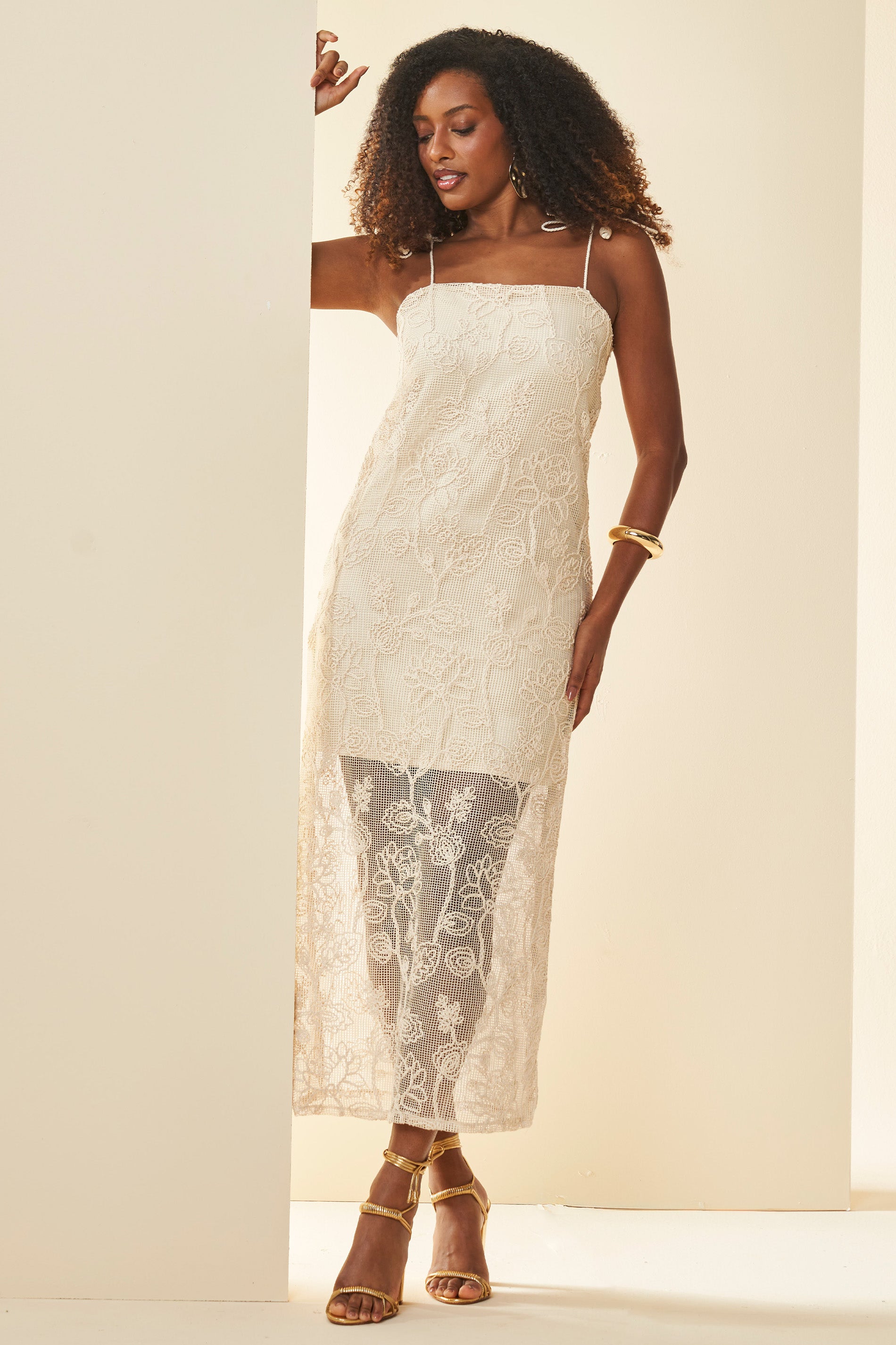 Vestido Midi Celebration em Laise e Tela Bordada