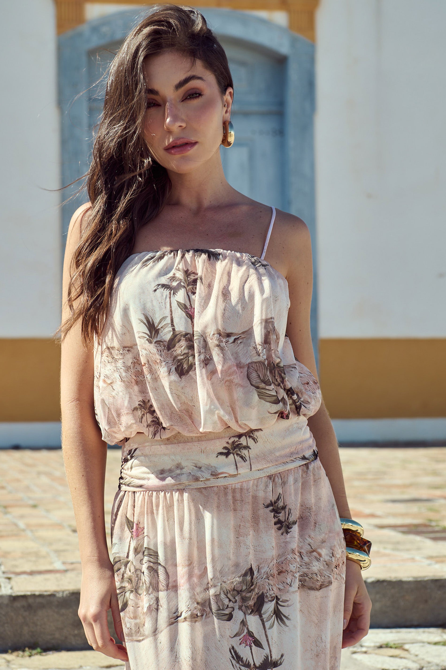 Blusa Top de Alça Brisa em Tule Estampada