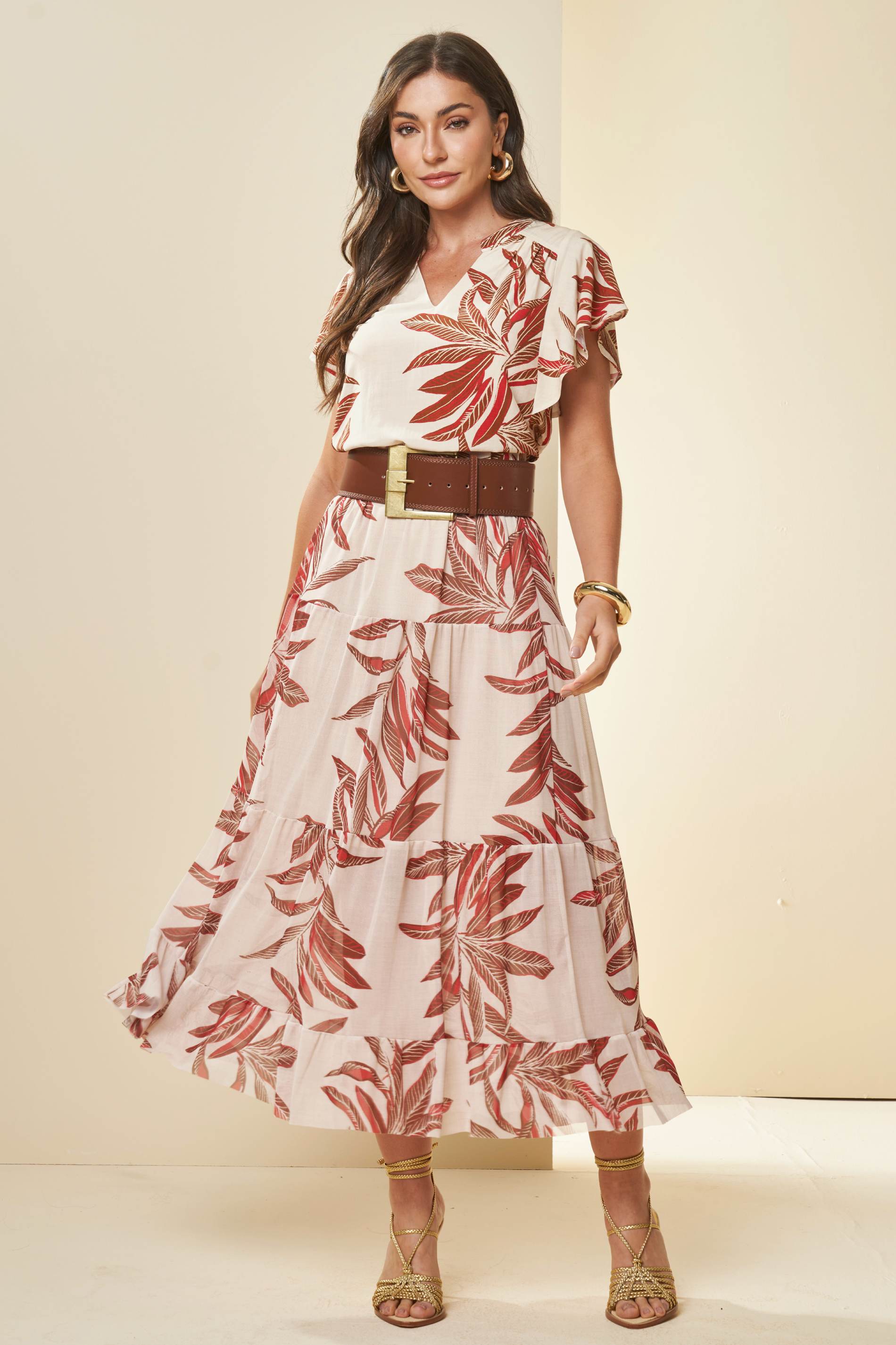 Saia Longa Tropical Estampada com Babados