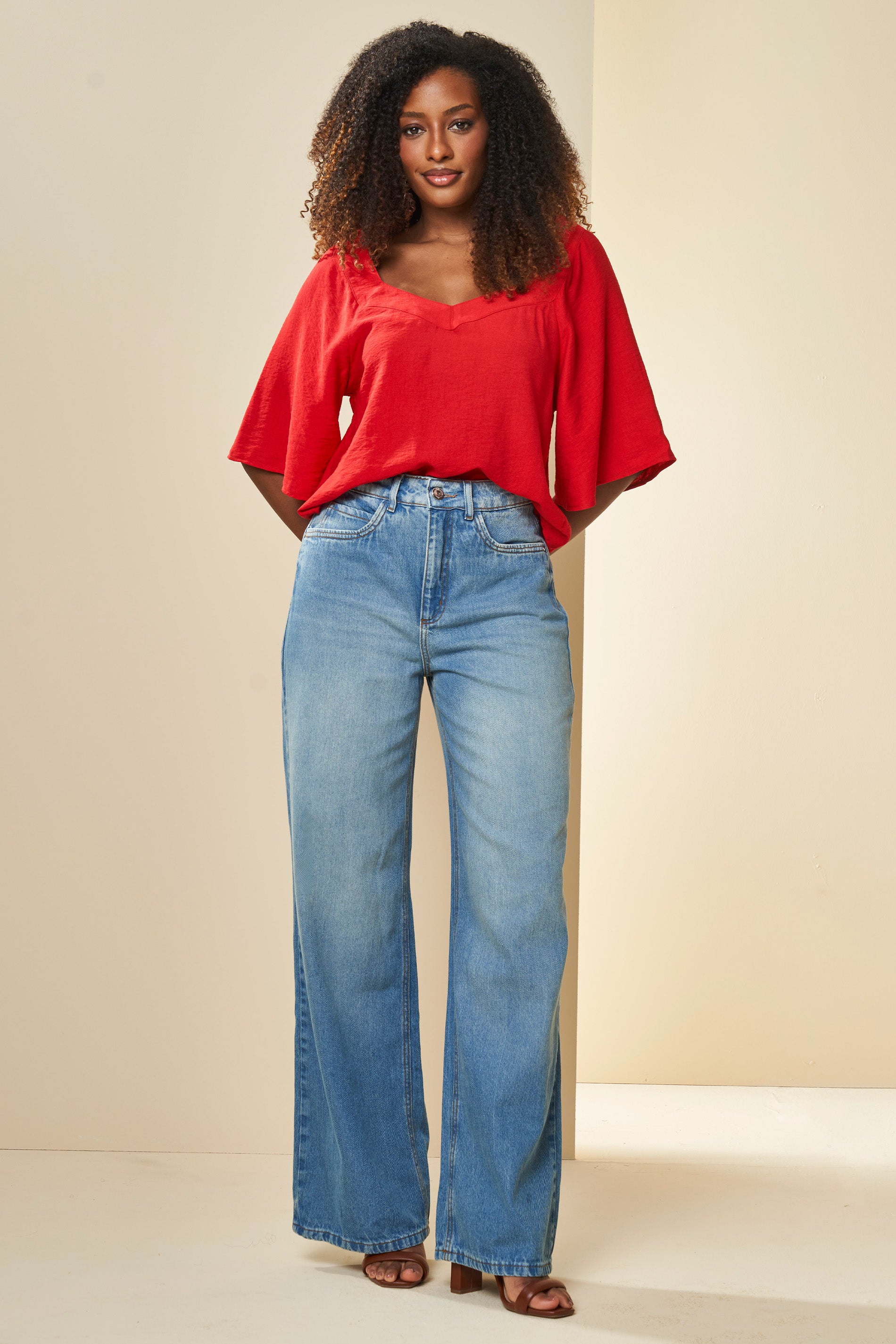 Calça Jeans Wide Leg Rosa Lusitana Cintura Alta