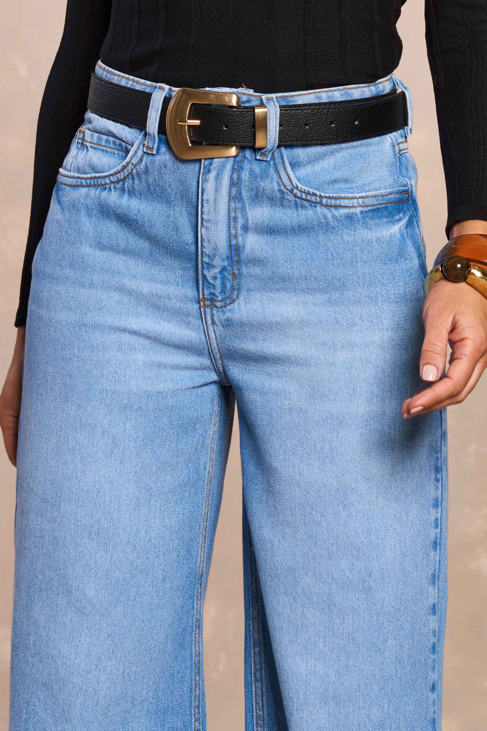 Calça Wide Leg Rosa Jardim Boho em Denim