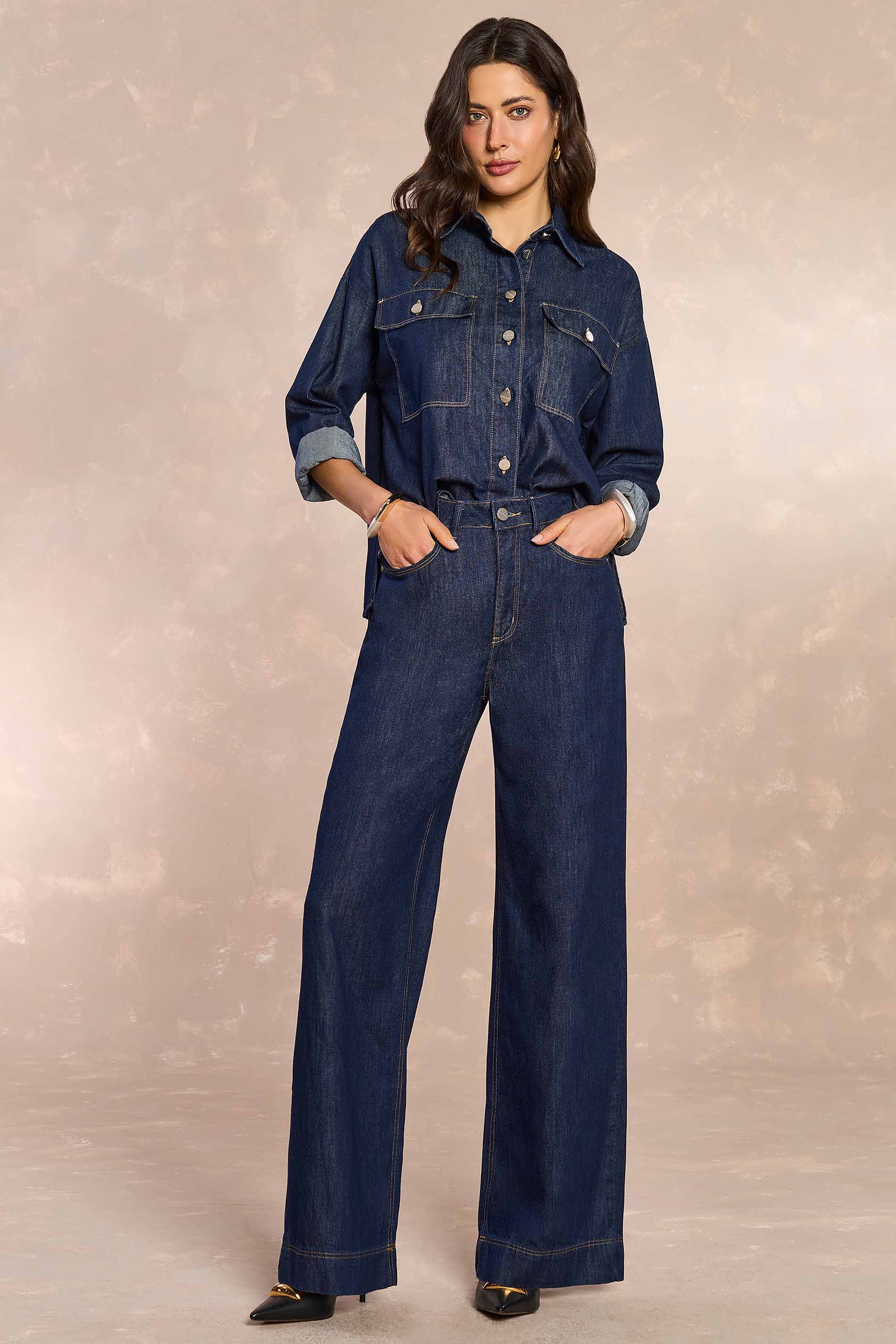 Calça Wide Leg Retrô Glam em Denim