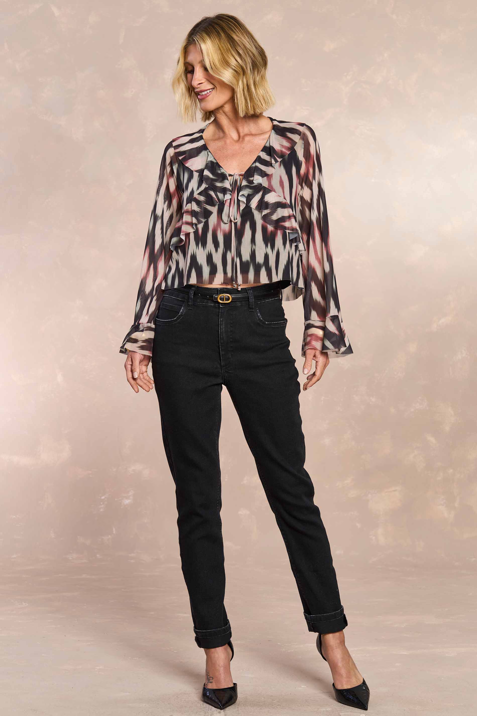 Blusa de Manga Longa Ethnic Blur em Tule