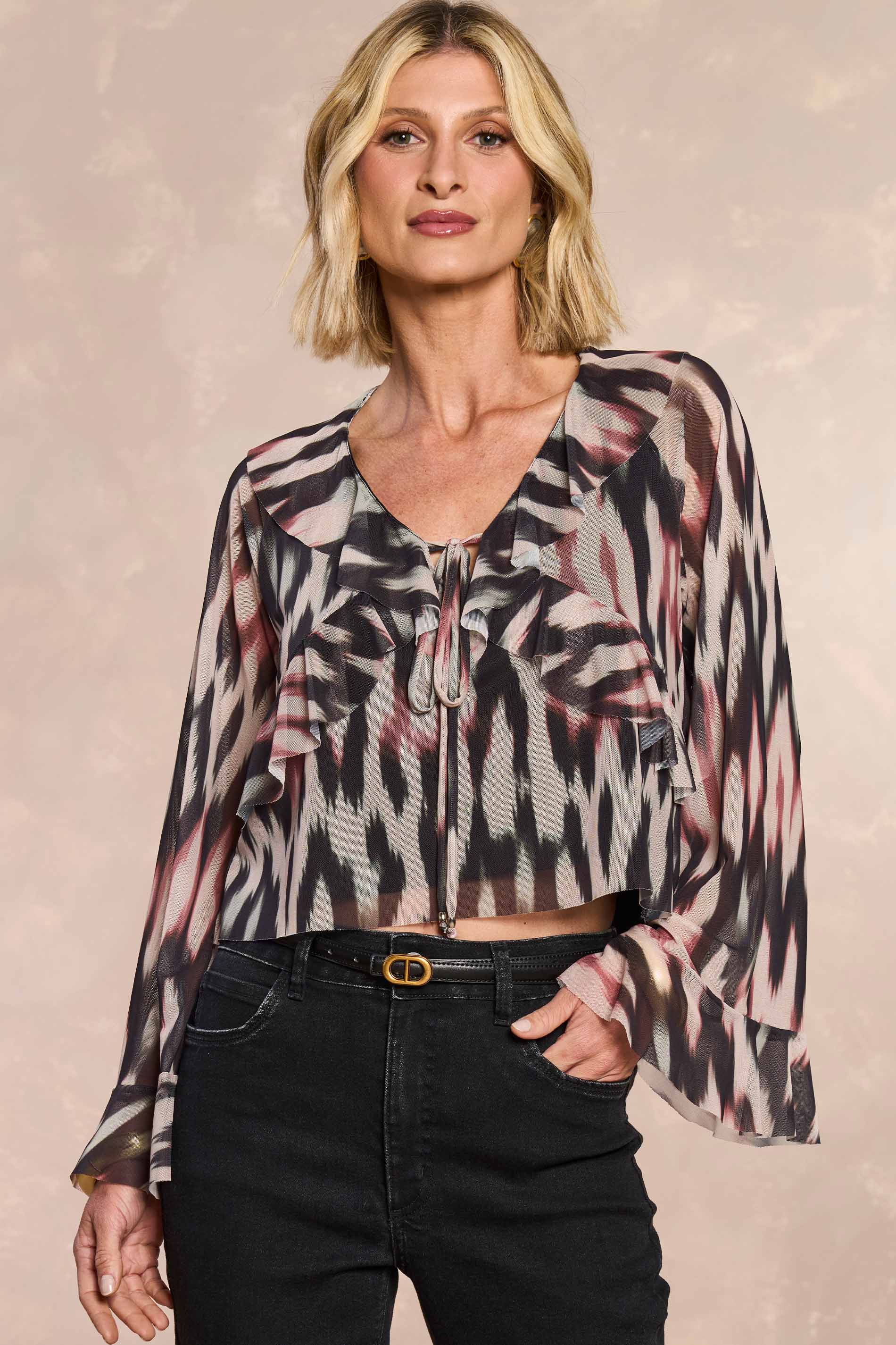 Blusa de Manga Longa Ethnic Blur em Tule