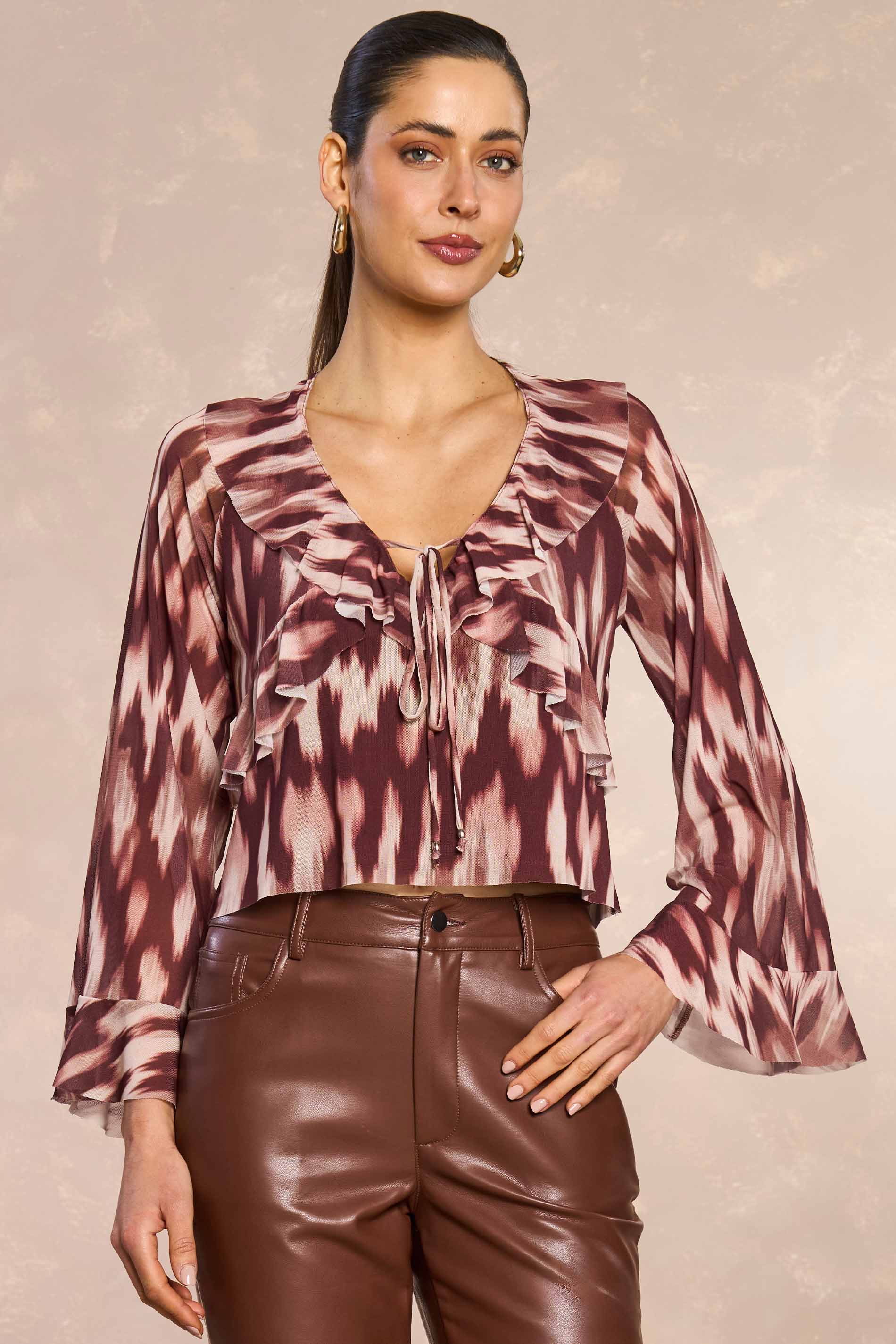 Blusa de Manga Longa Ethnic Blur em Tule