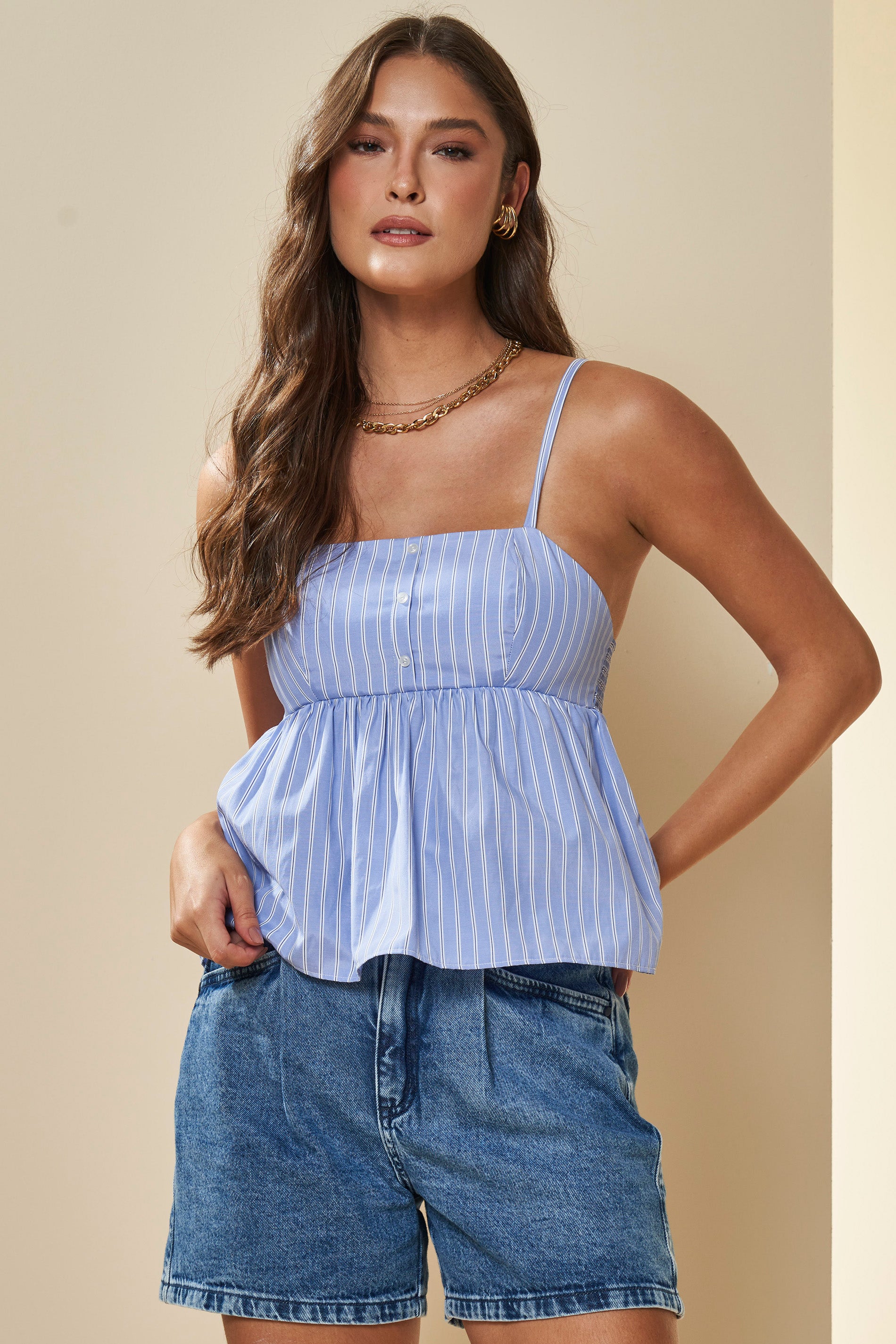 Blusa Peplum Listrada com Alças Finas