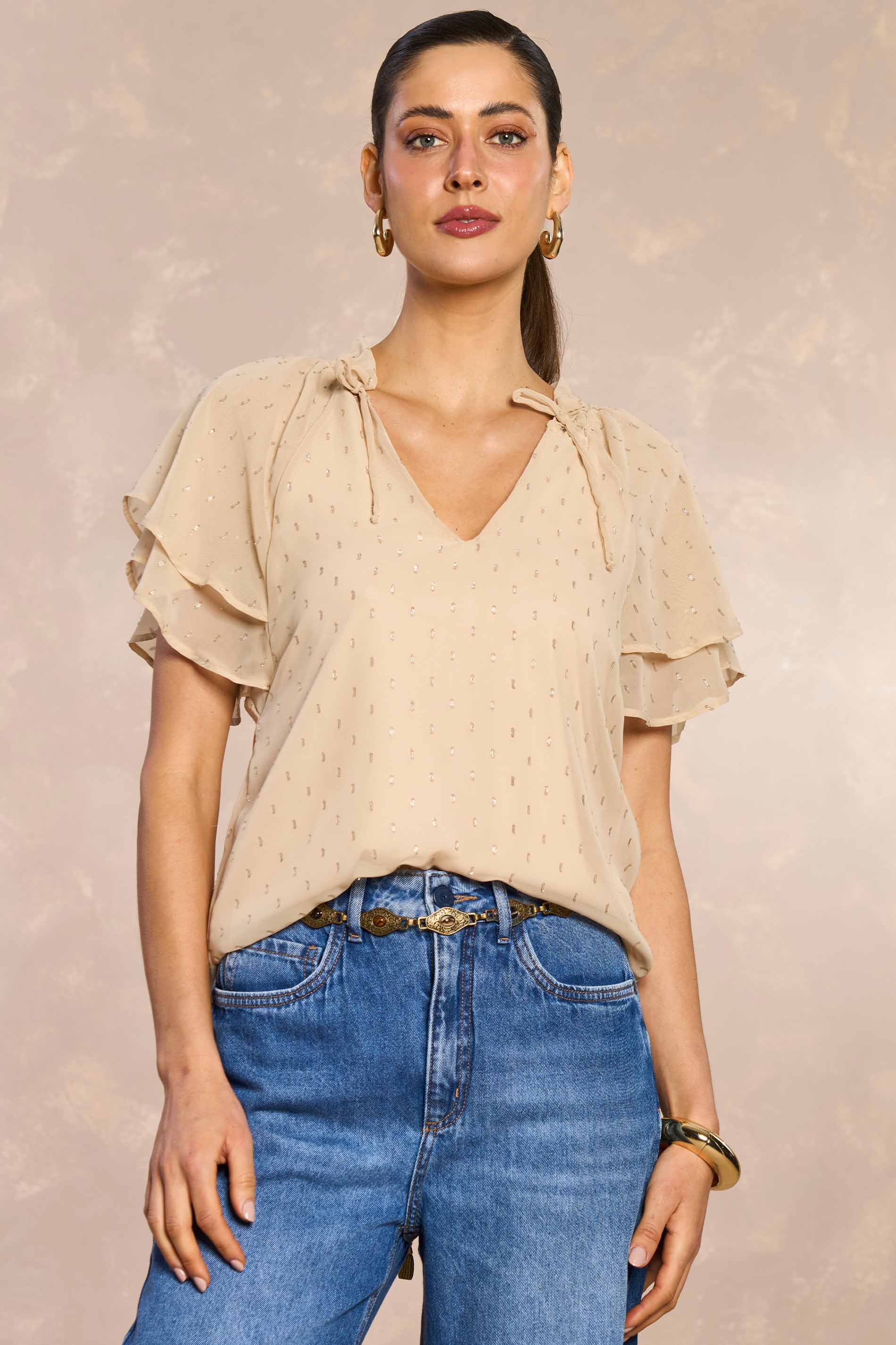 Blusa de Manga Curta Jardim Boho em Chiffon