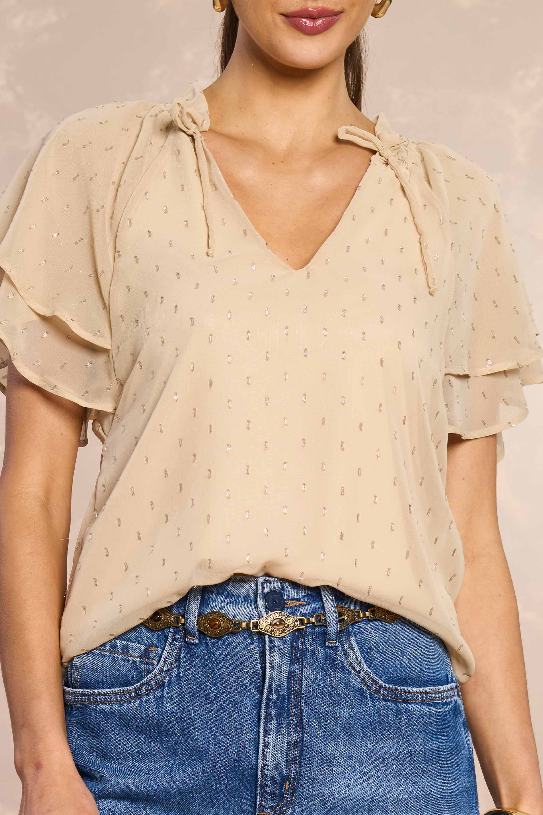Blusa de Manga Curta Jardim Boho em Chiffon