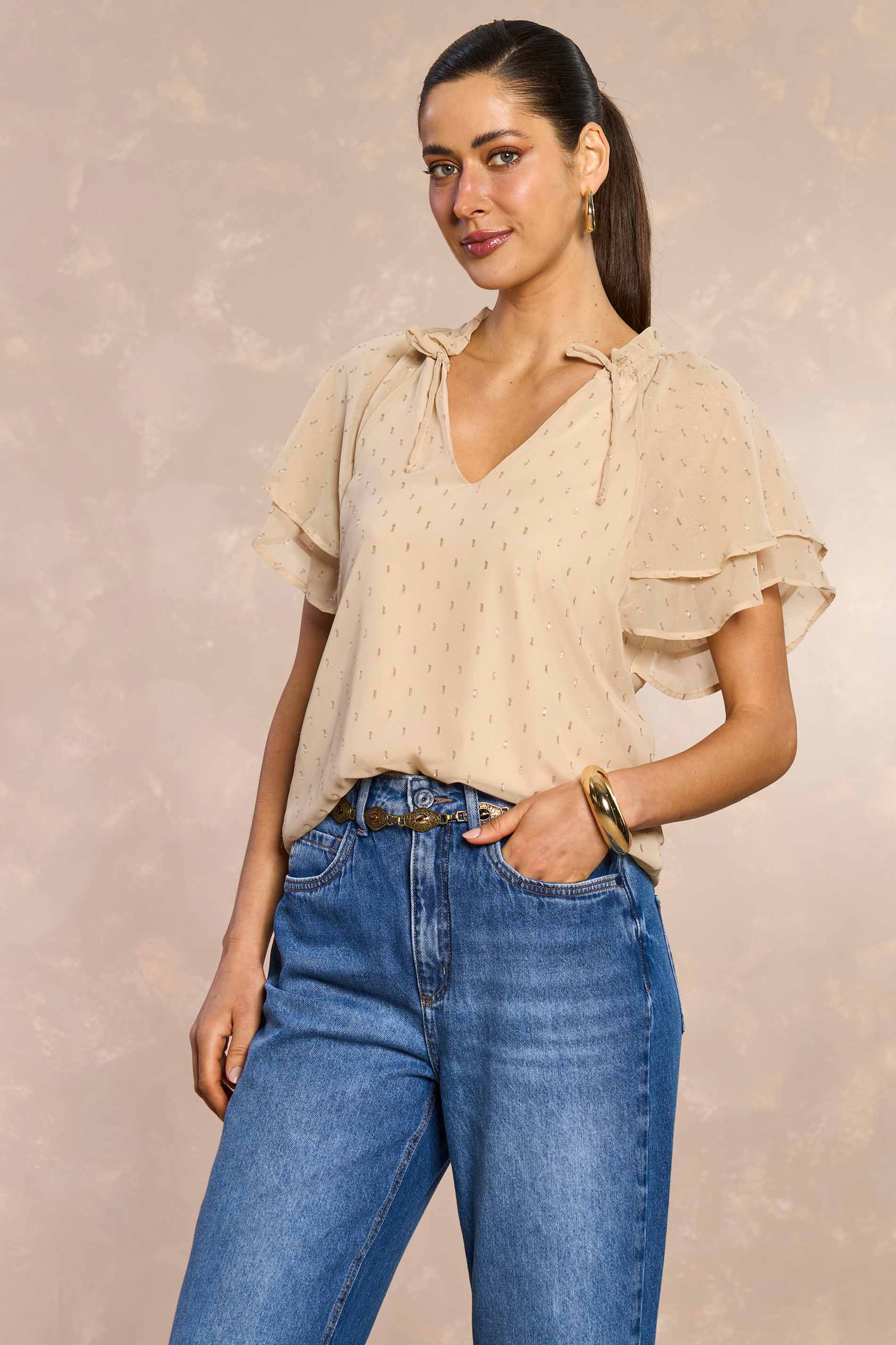 Blusa de Manga Curta Jardim Boho em Chiffon