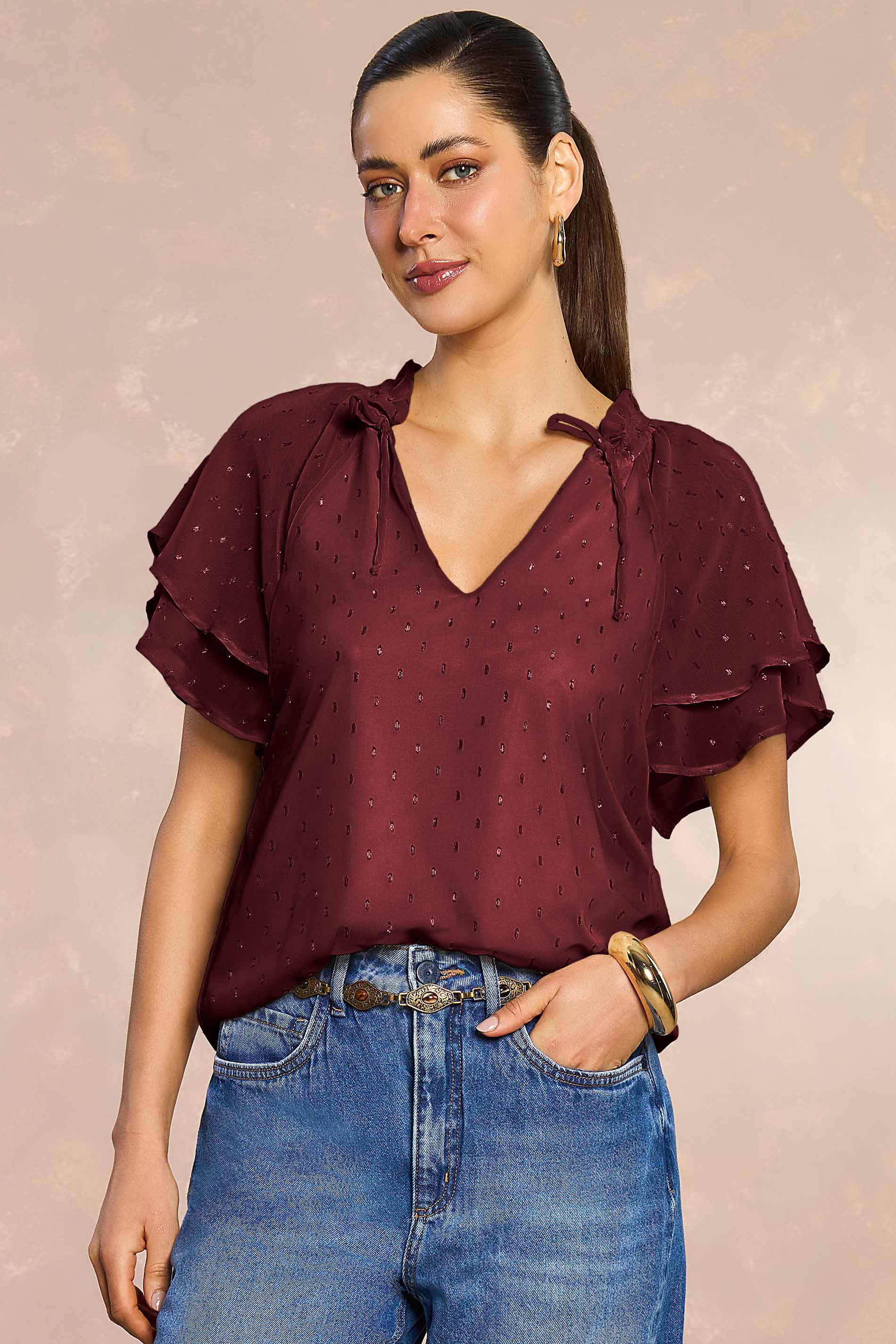 Blusa de Manga Curta Jardim Boho em Chiffon