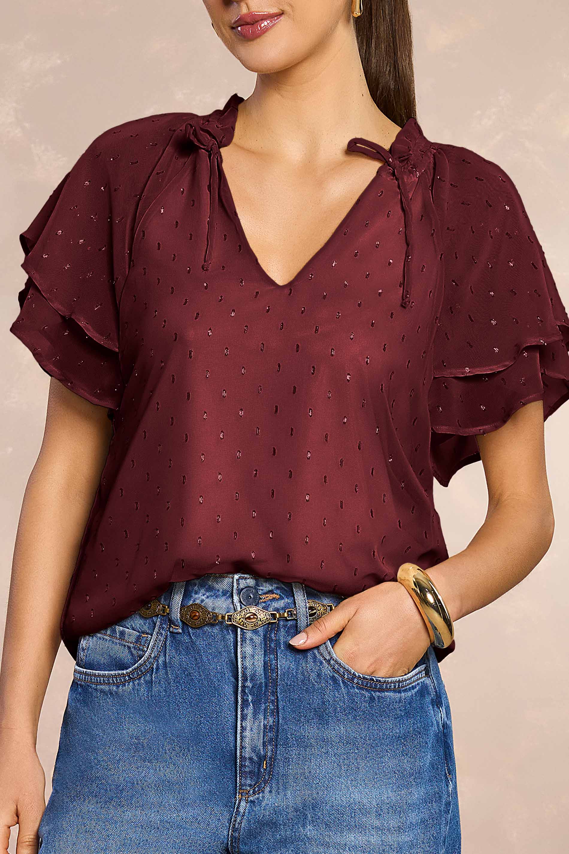 Blusa de Manga Curta Jardim Boho em Chiffon