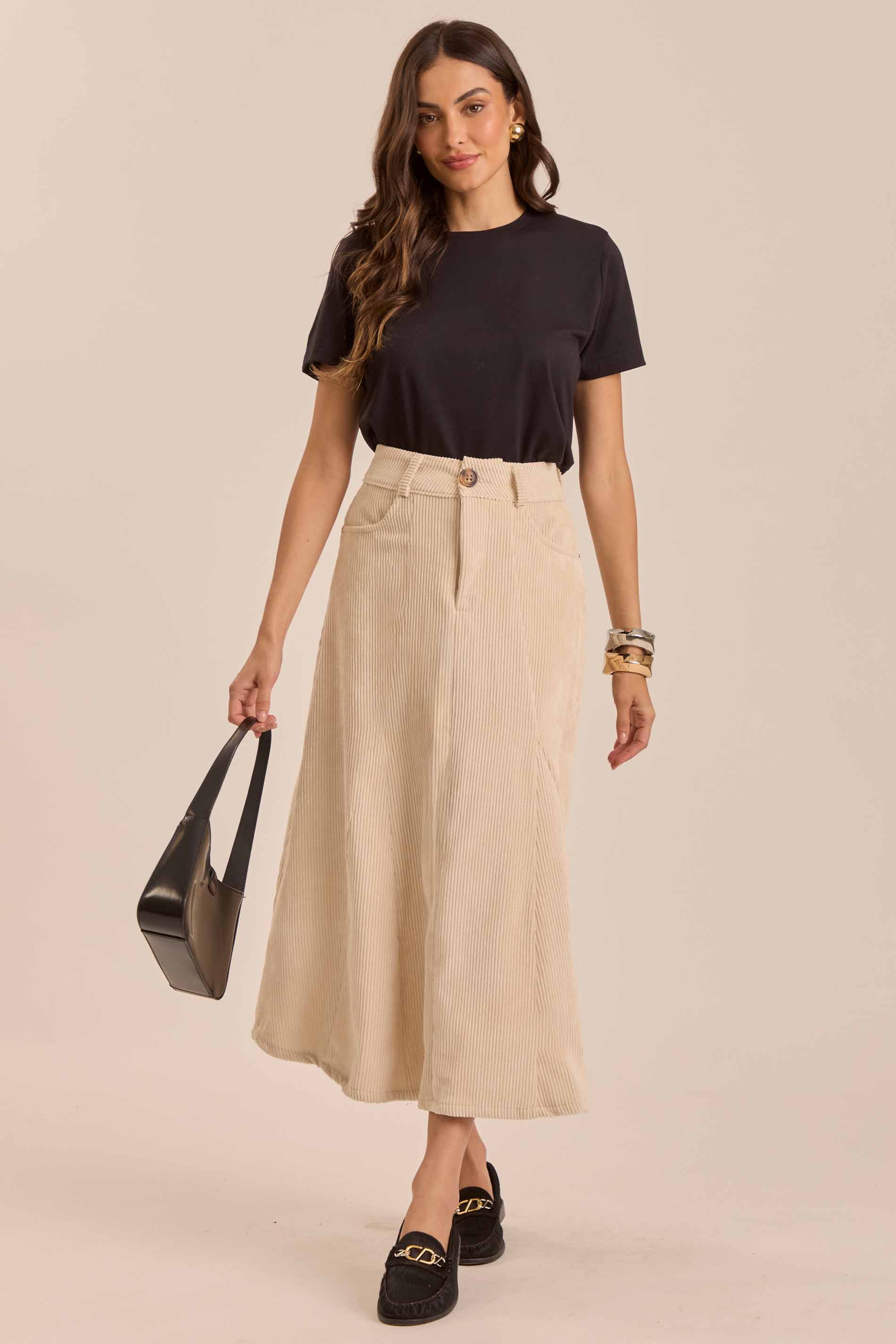 Saia Midi Ethnic Blur em Veludo Cotelê