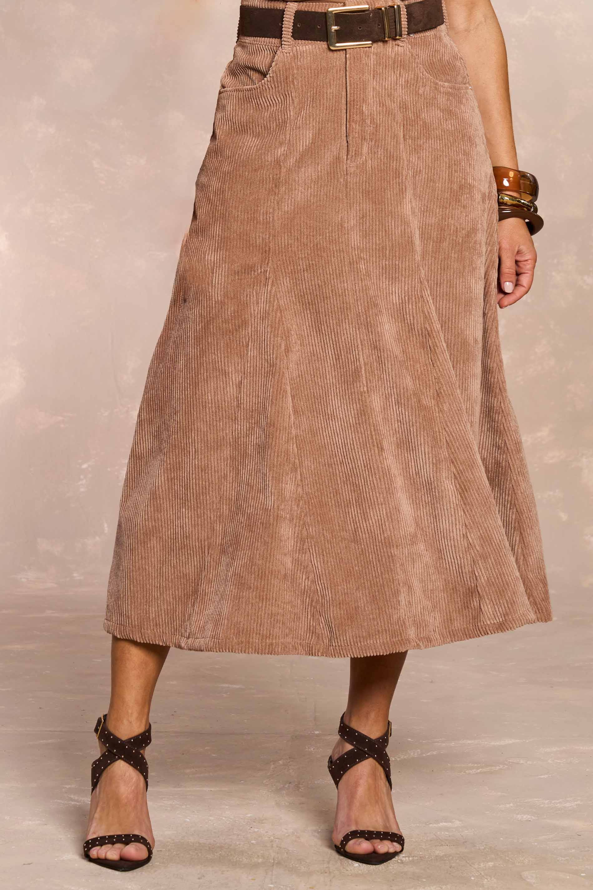 Saia Midi Ethnic Blur em Veludo Cotelê
