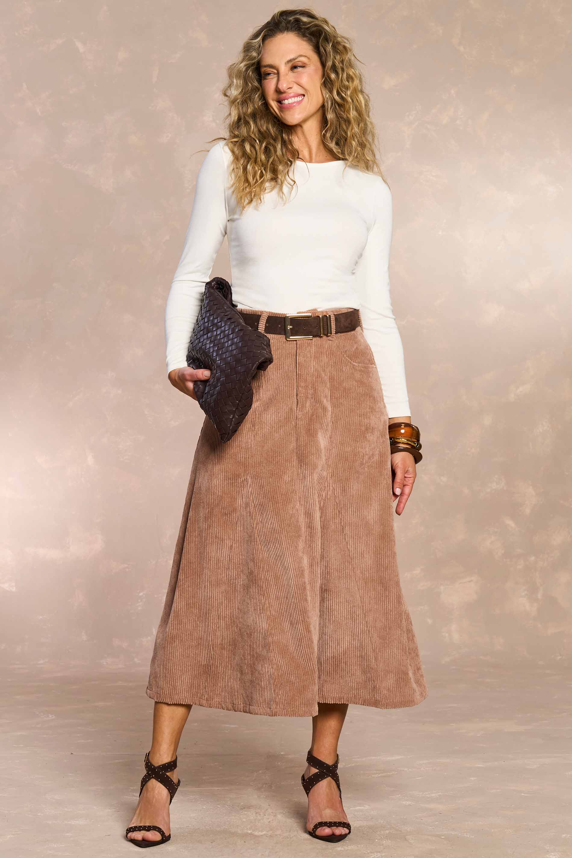 Saia Midi Ethnic Blur em Veludo Cotelê