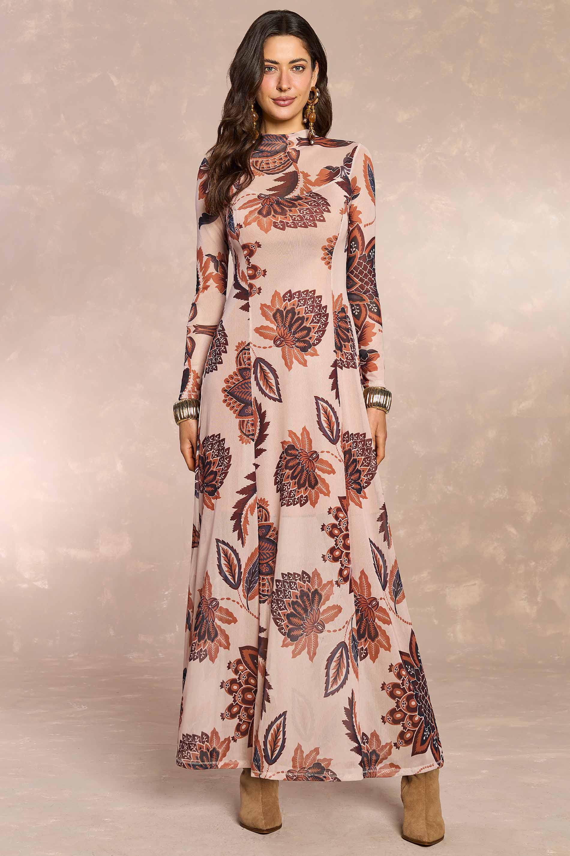 Vestido Longo Jardim Decor em Tule Estampado