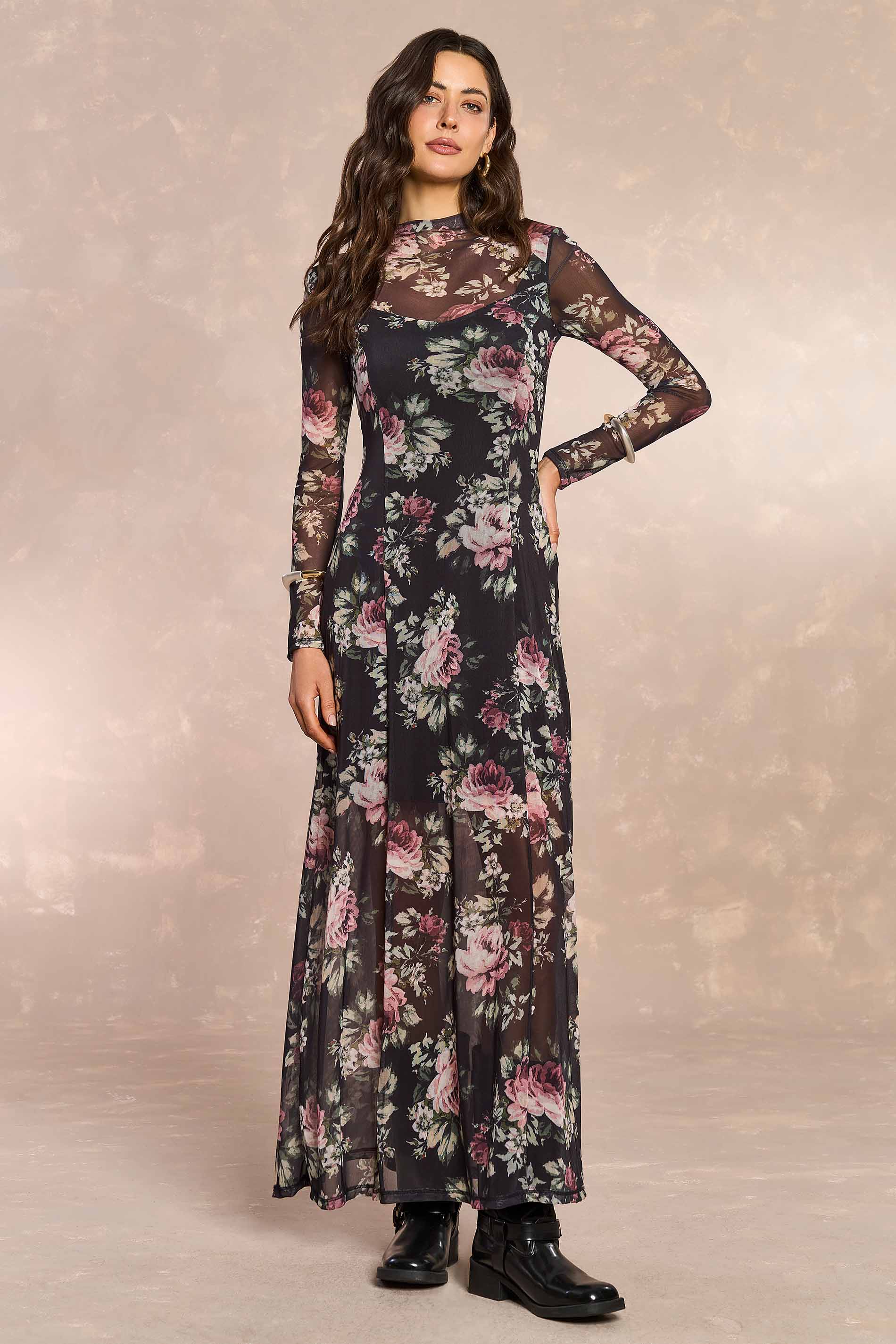 Vestido Longo Jardim Decor em Tule Estampado