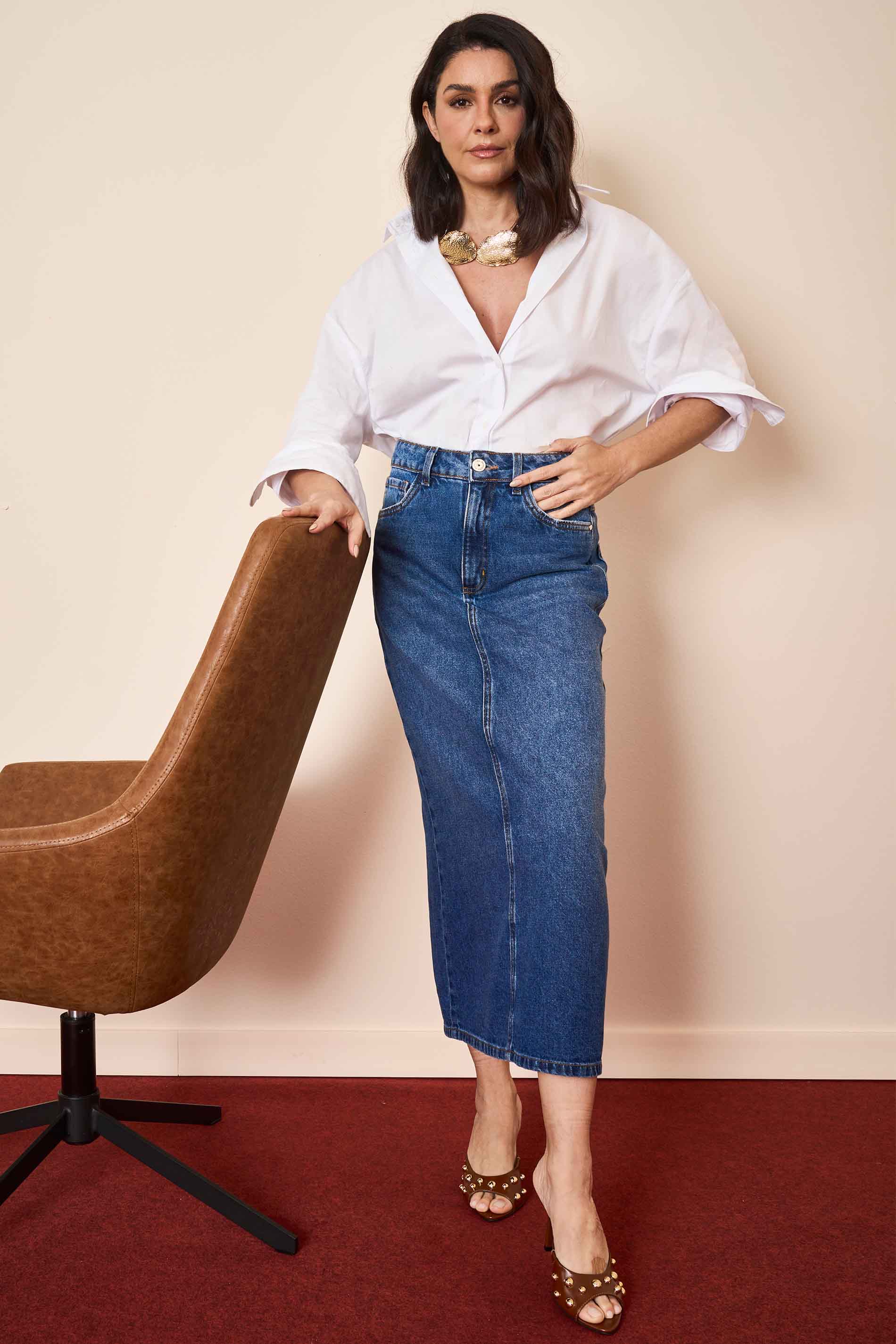 Saia Midi Wild Orchid em Denim