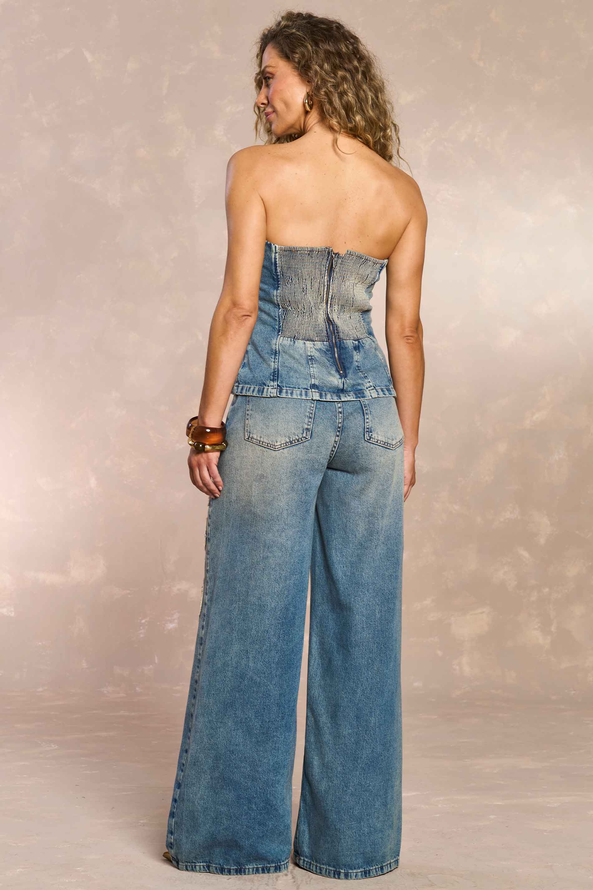 Calça Jardim Boho em Denim Bordado