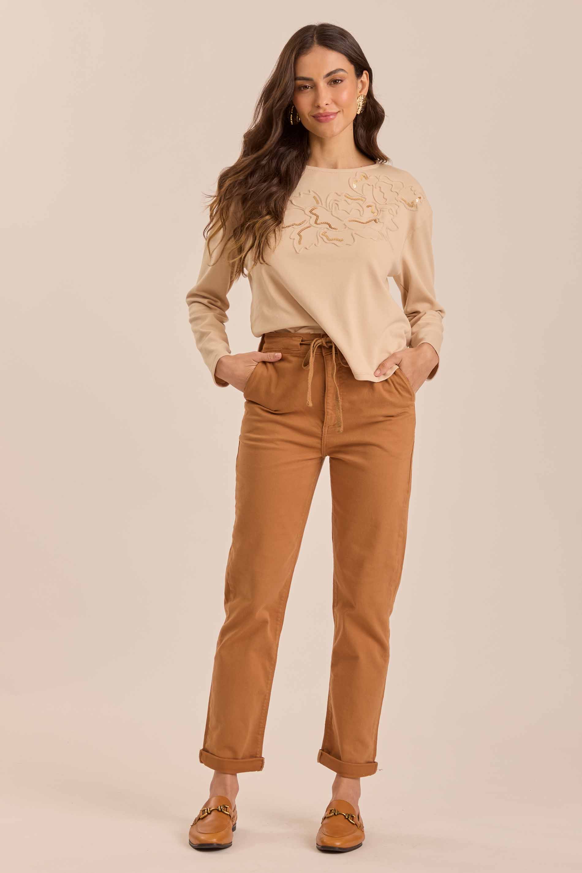 Blusa Manga Longa Retrô Glam em Malha Suedine