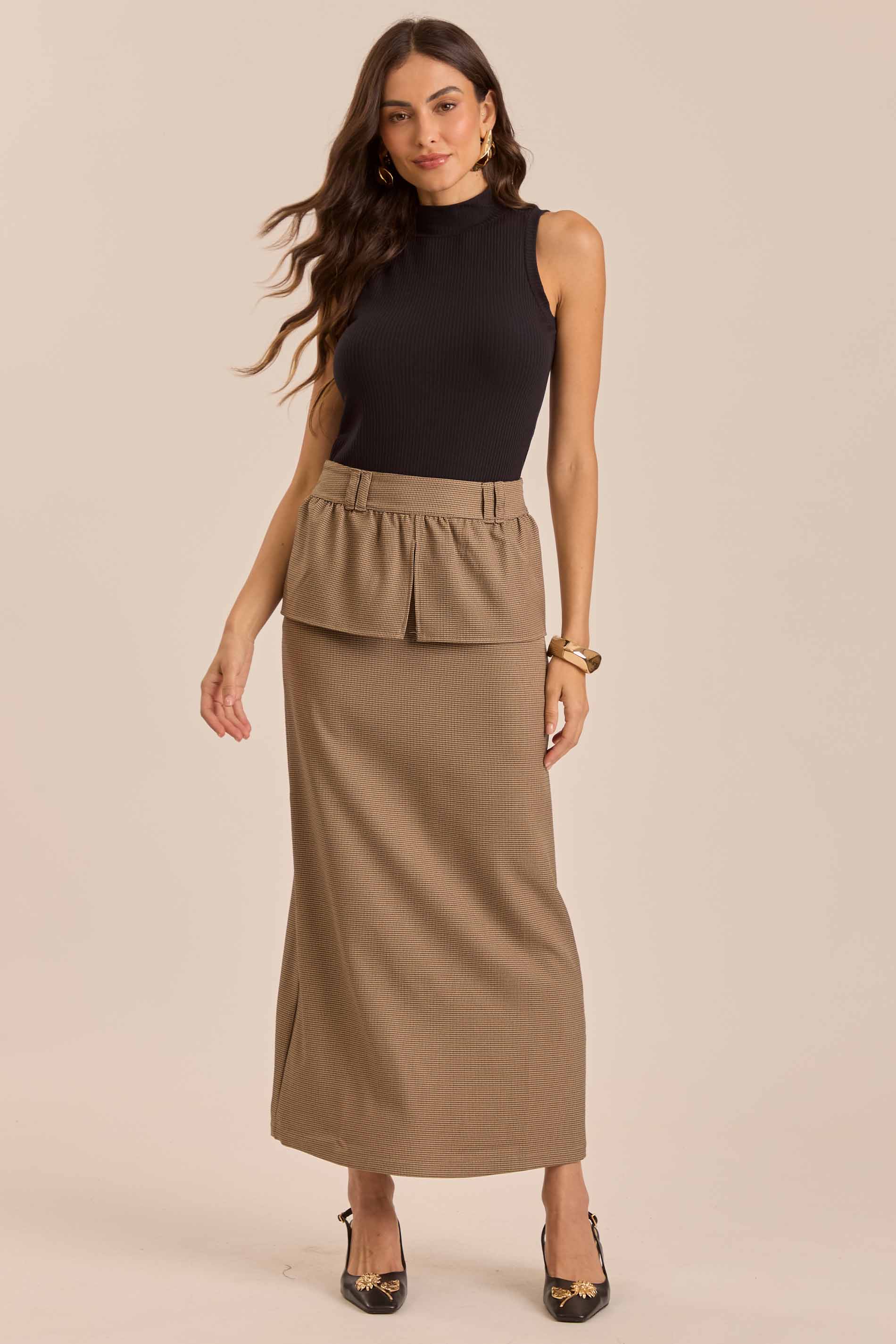 Saia Longa Jardim Boho em Jacquard Pied Poule