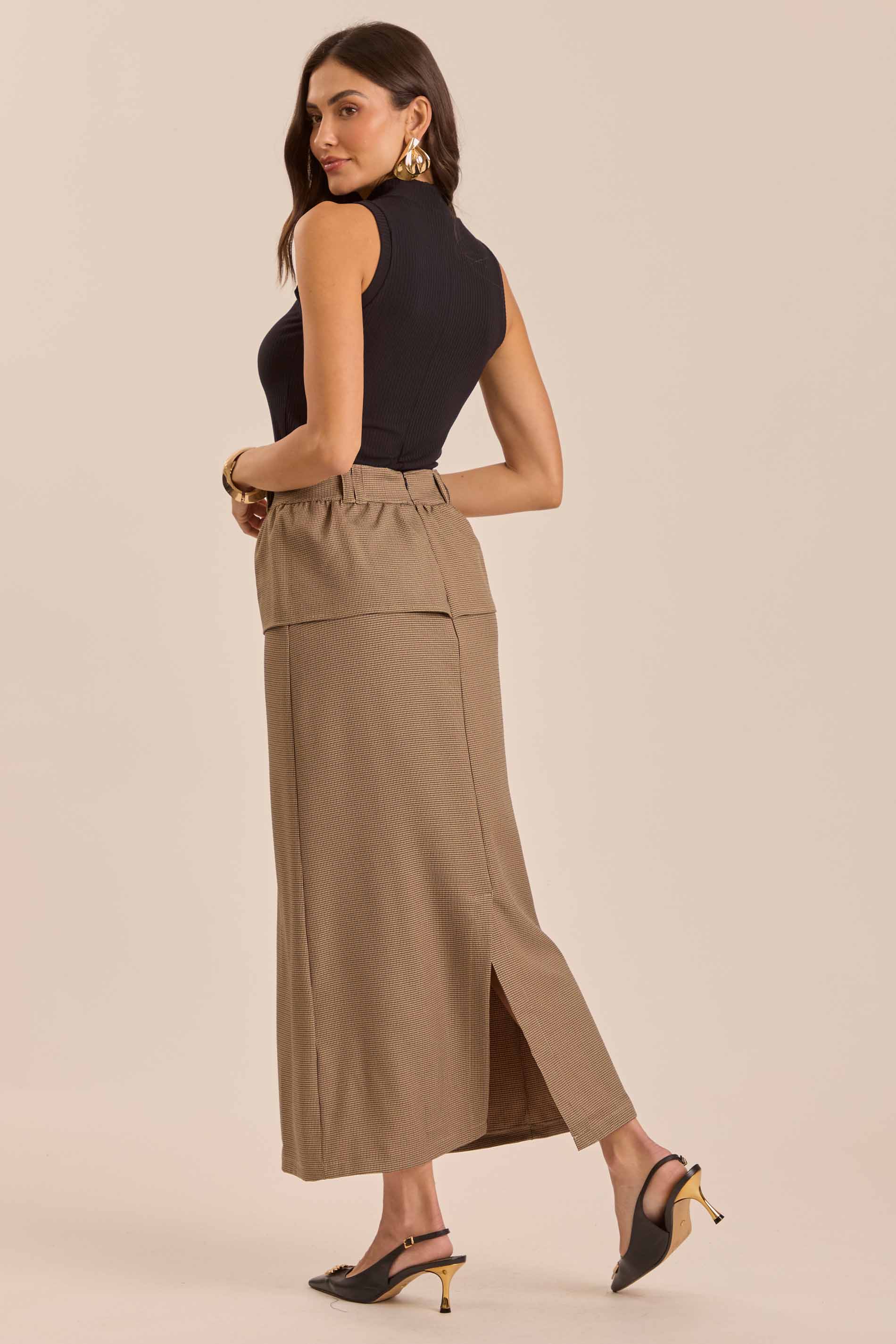 Saia Longa Jardim Boho em Jacquard Pied Poule