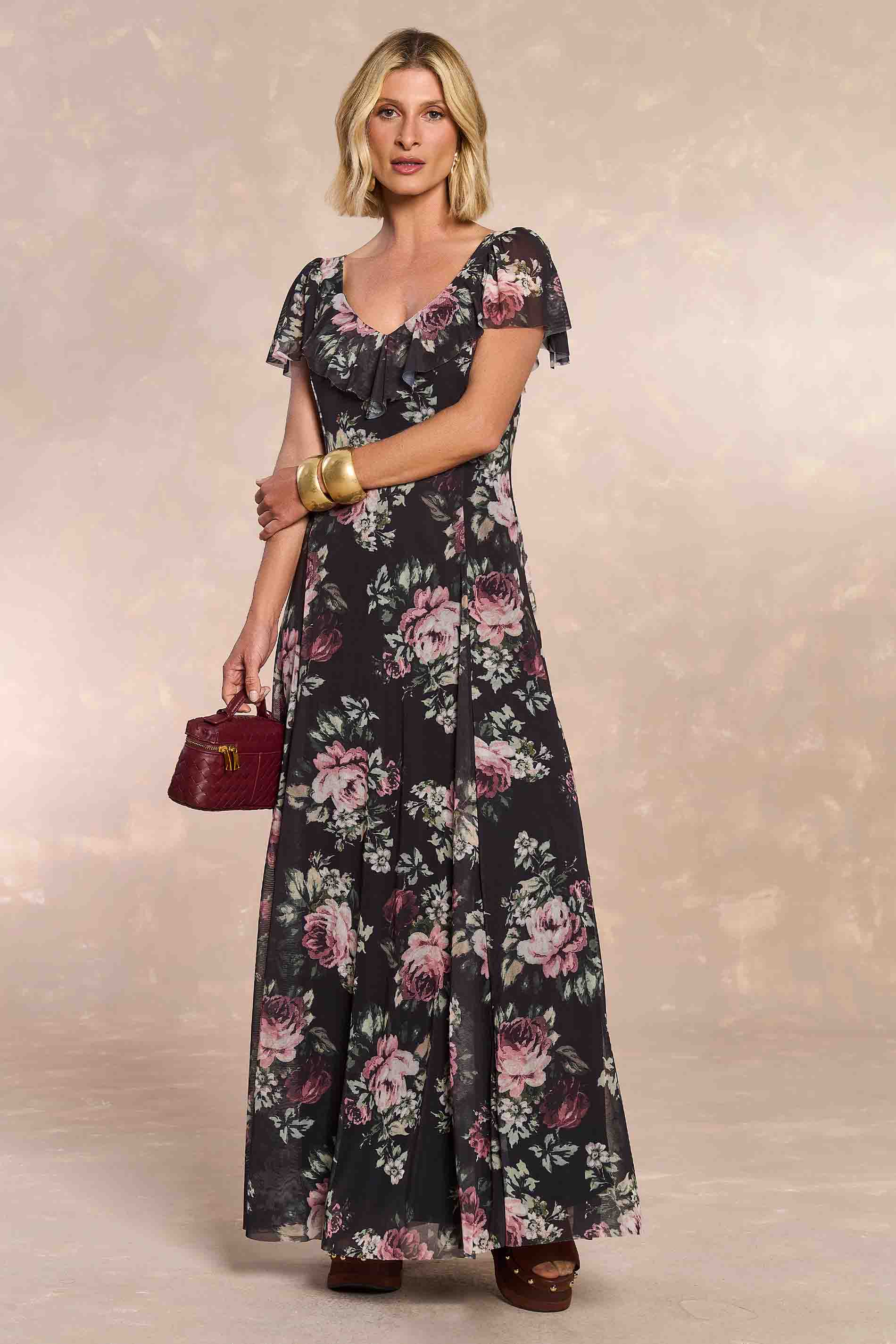 Vestido Longo Aquarela Rose em Tule