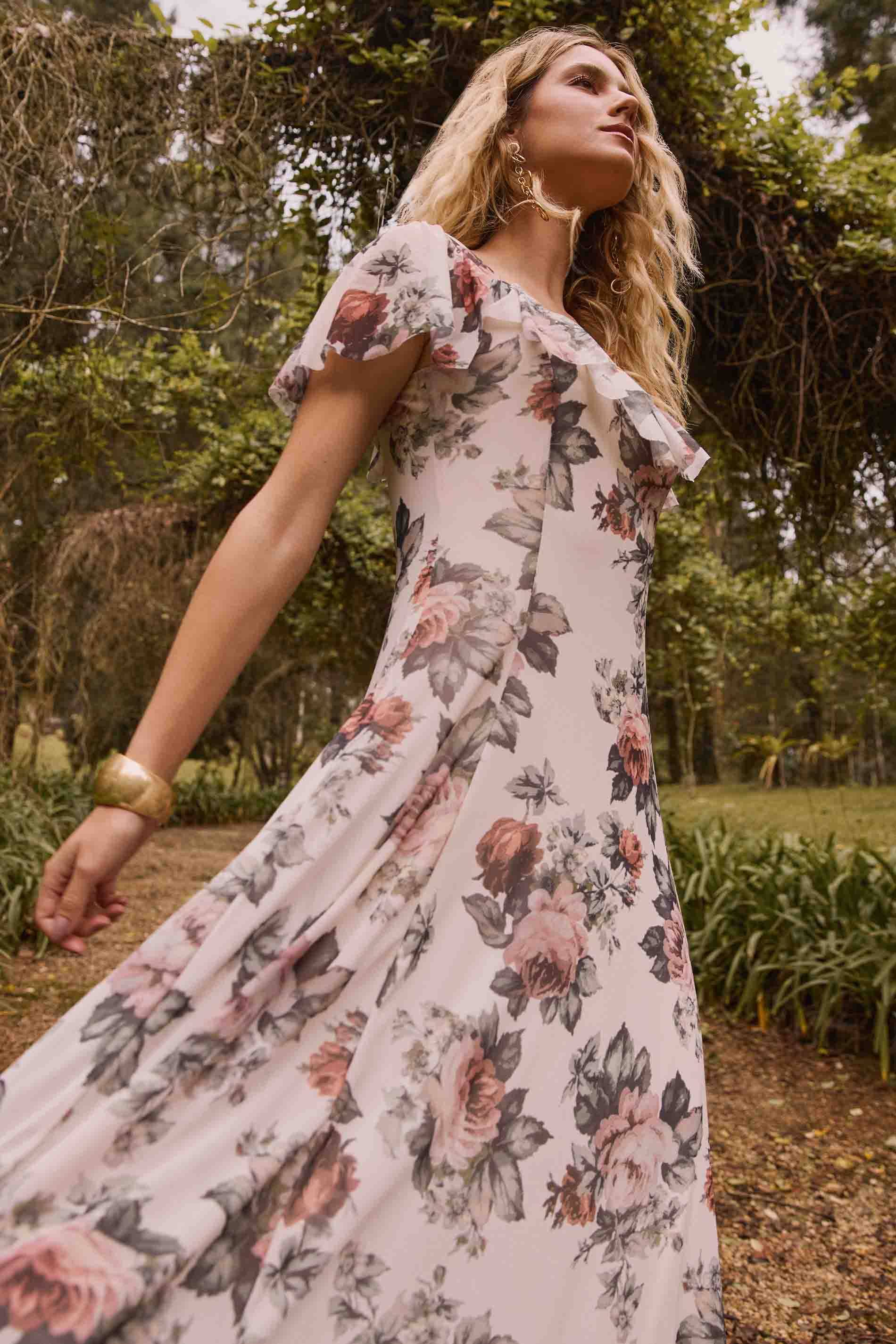 Vestido Longo Aquarela Rose em Tule