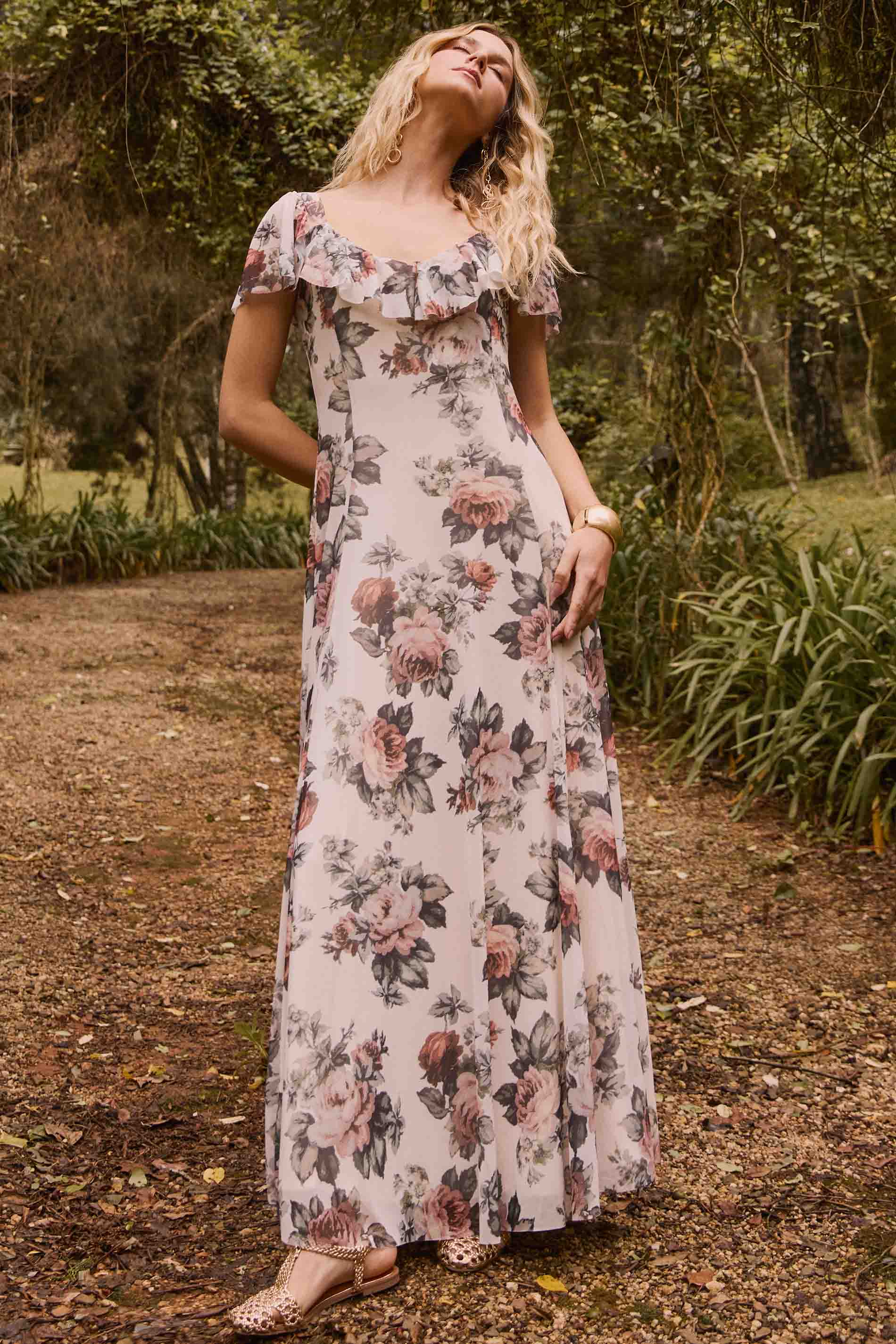 Vestido Longo Aquarela Rose em Tule