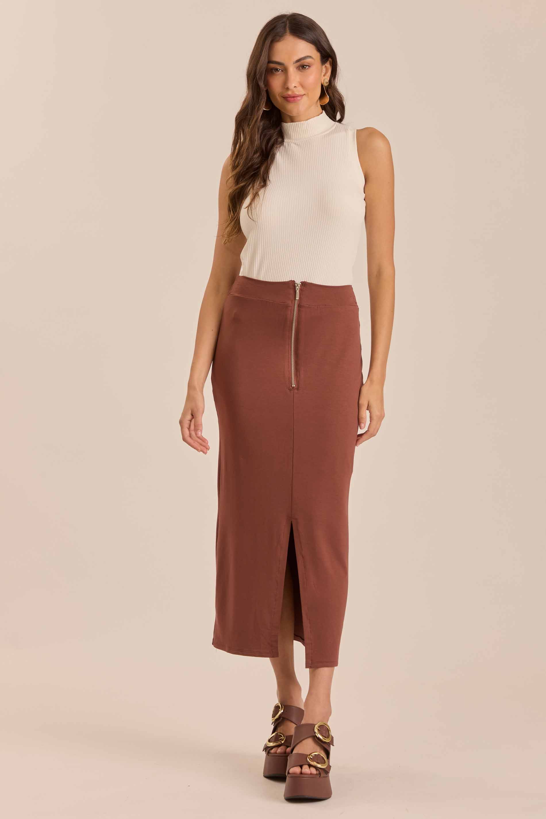 Saia Midi Jardim Decor com Fenda