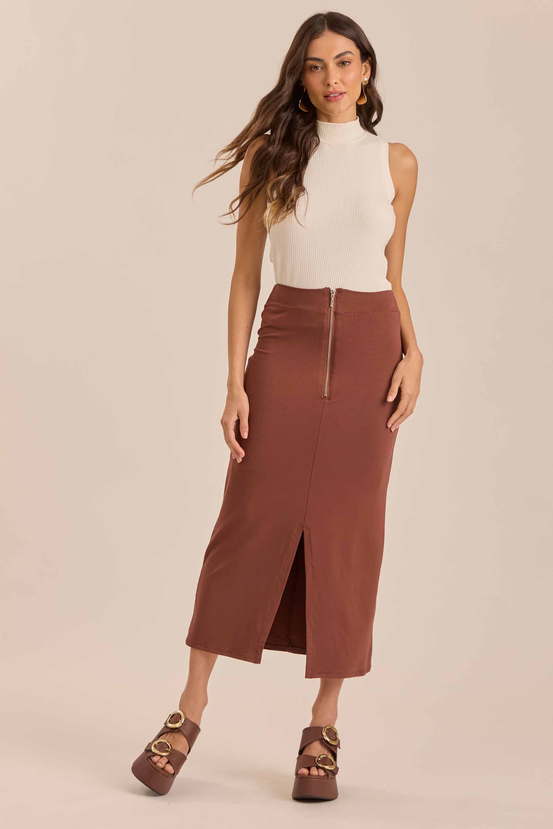 Saia Midi Jardim Decor com Fenda