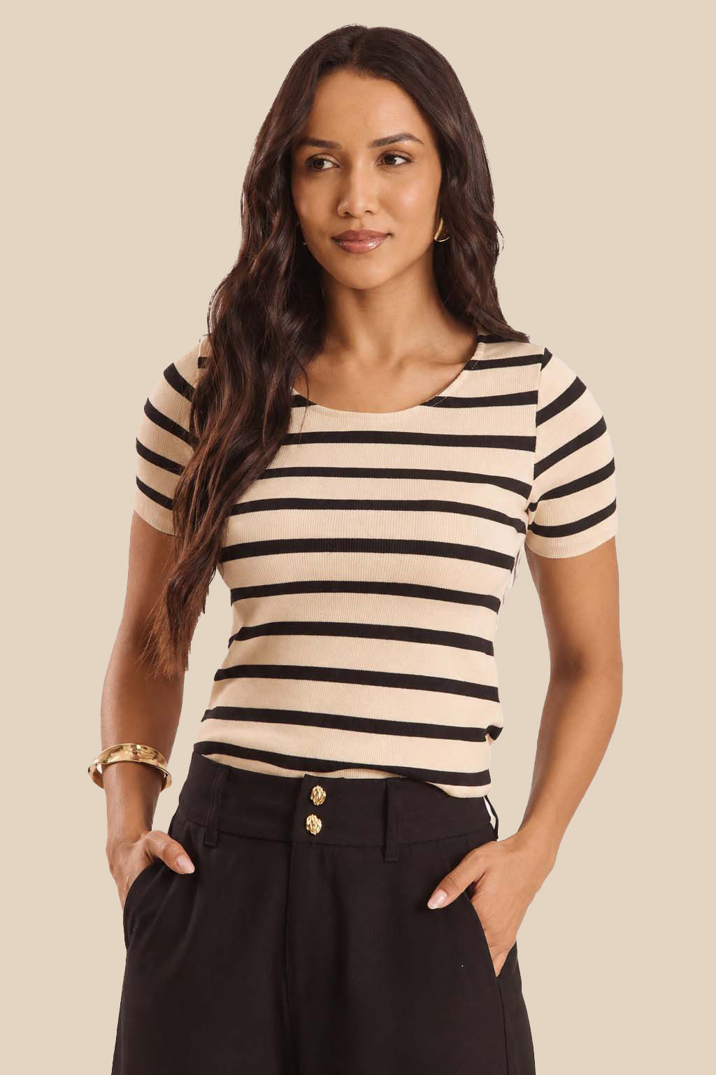 Blusa Manga Curta Canelada Listrada Duna - Doce Trama