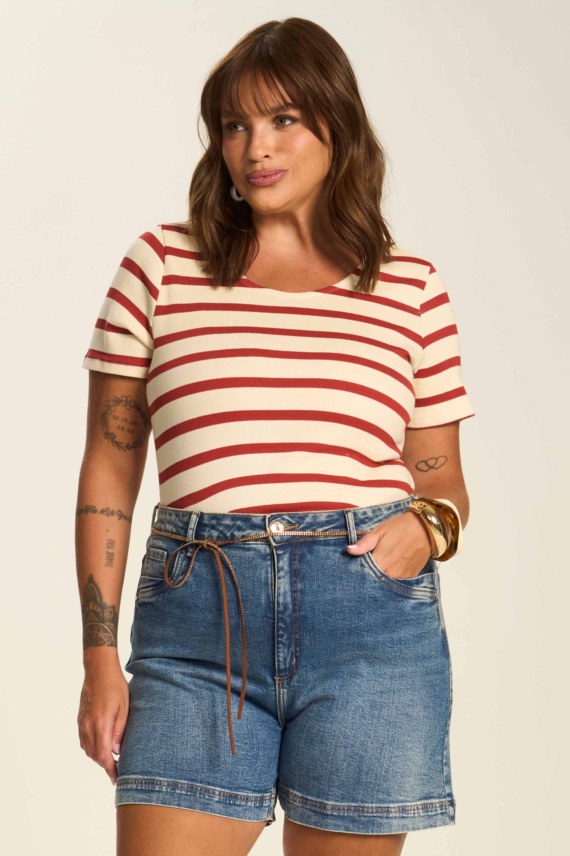 Blusa Manga Curta Canelada Listrada Duna - Doce Trama