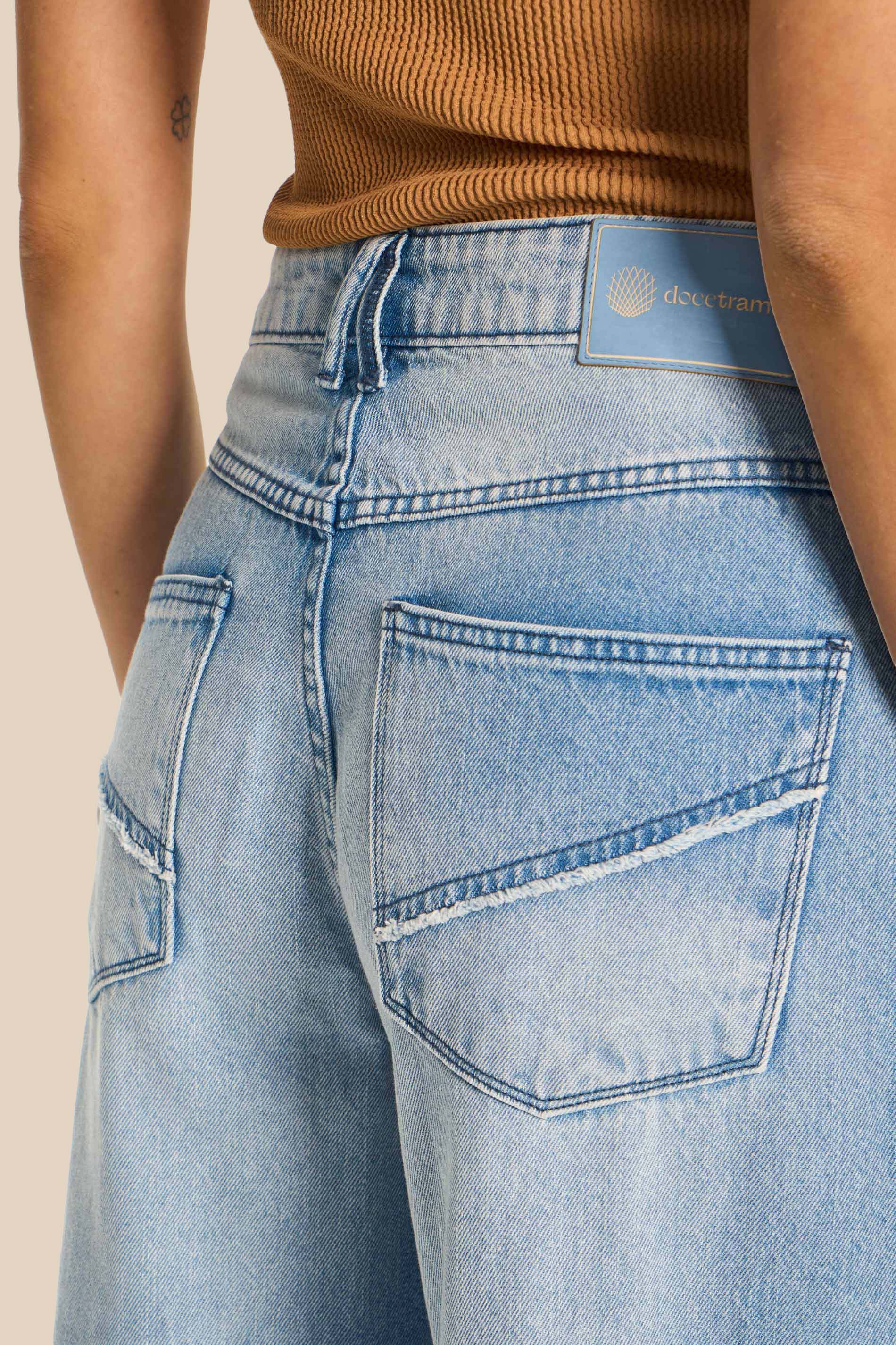Calça Wide Leg Jeans Claro Cintura Alta Rosa - Doce Trama