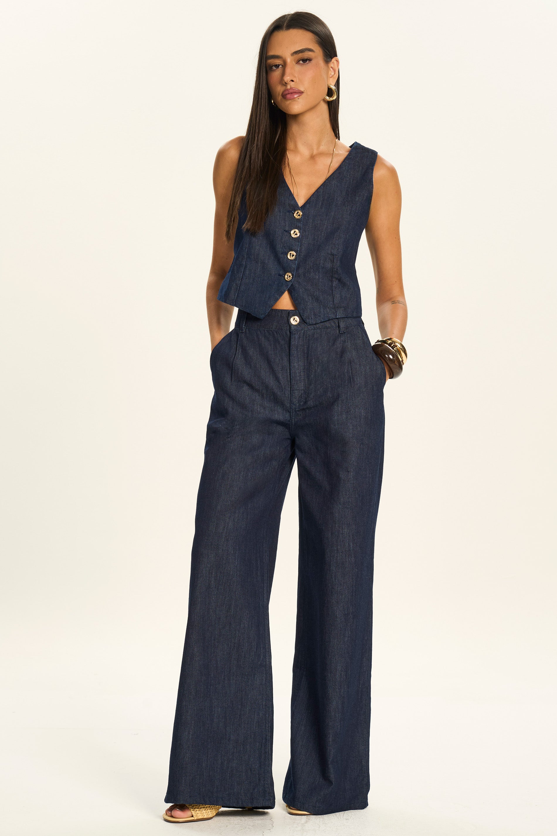 Calça Palazzo Jeans Cintura Alta Miragem - Doce Trama