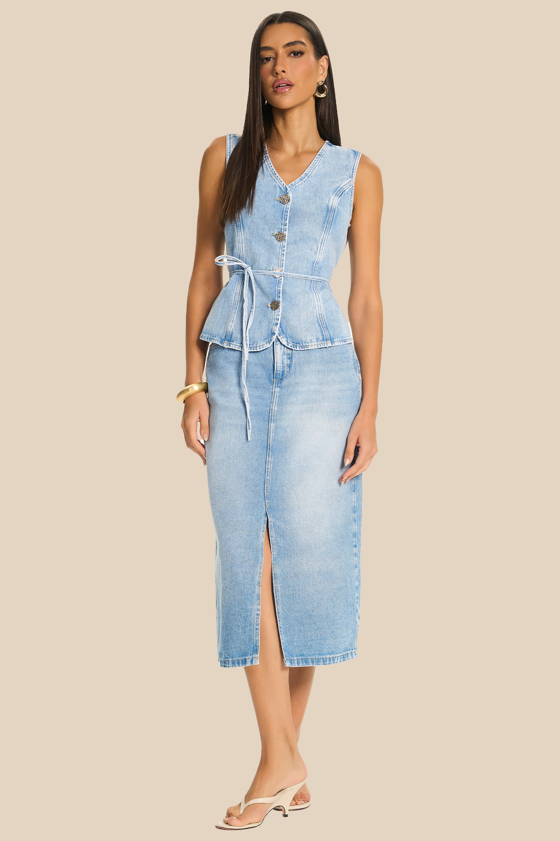 Colete Jeans Acinturado Botões Orgânicos Miragem- Doce Trama