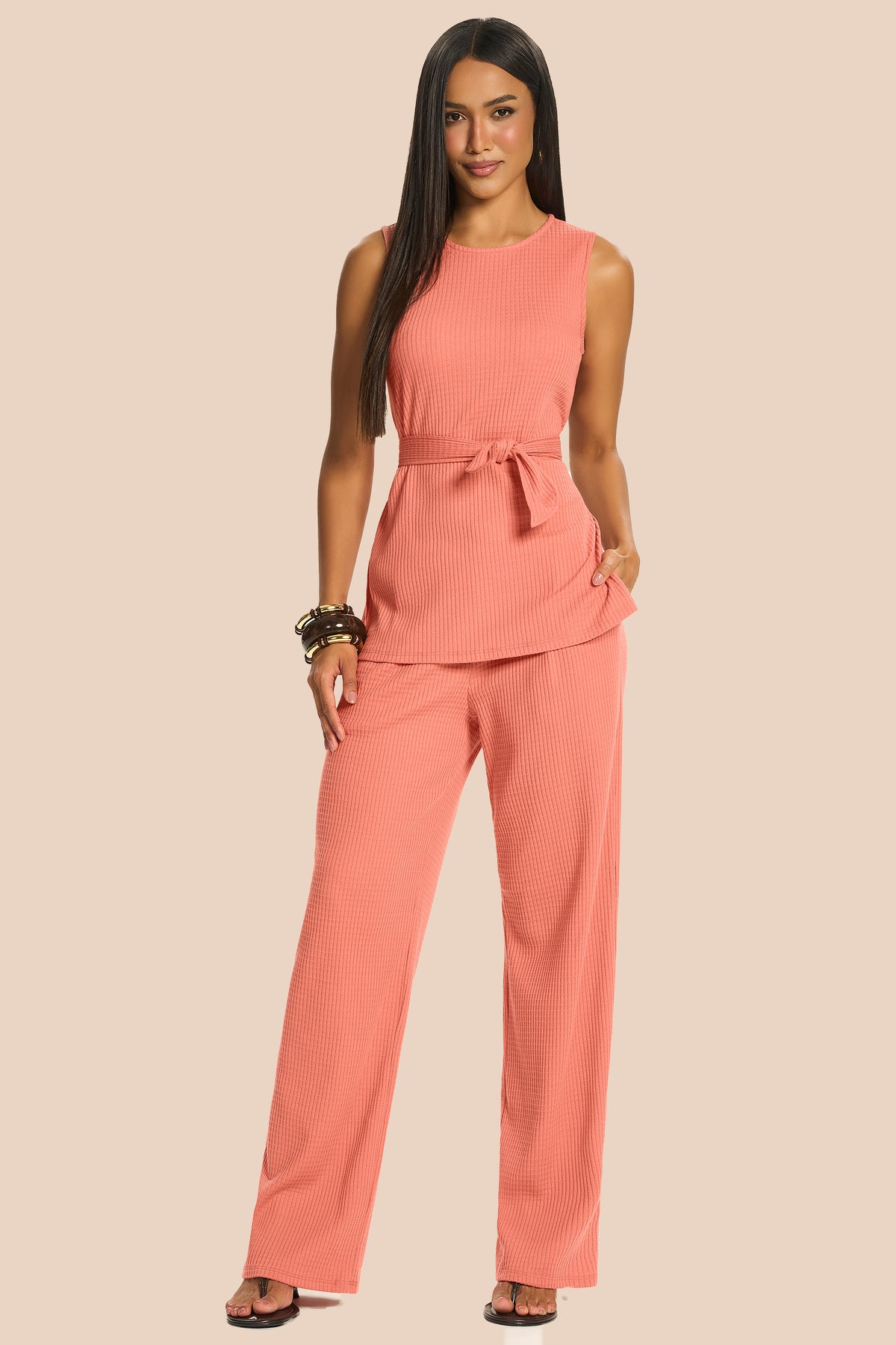 Calça Pantalona em Malha Canelada Miragem - Doce Trama