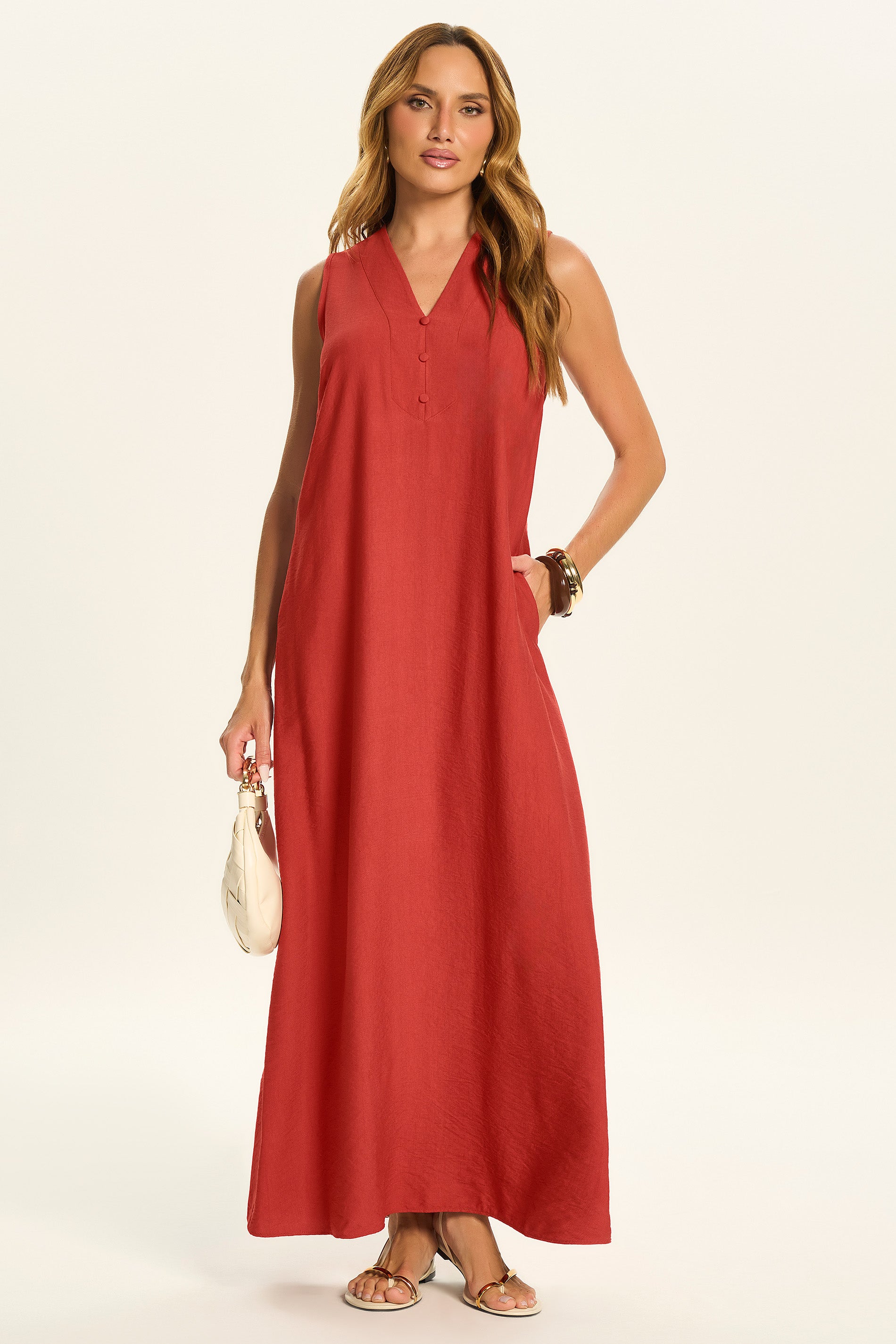 Vestido Longo Reto com Botões e Bolsos Duna - Doce Trama